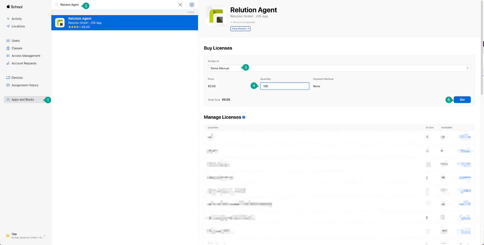 Apple Business Manager Apps and Books purchase screen to acquire VPP app licenses