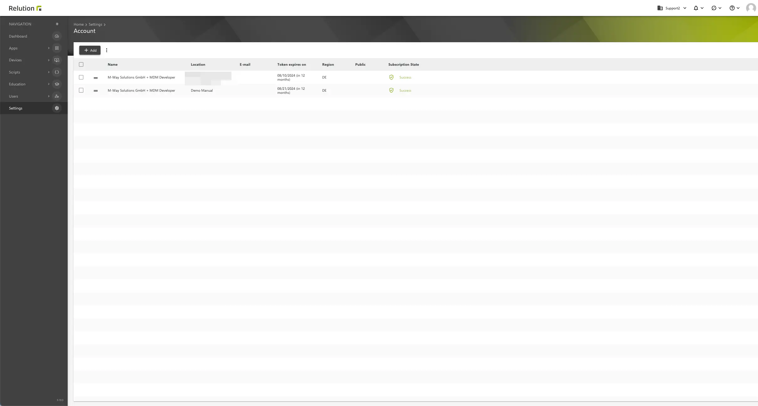 Relution Settings showing multiple VPP tokens for different Apple School Manager accounts