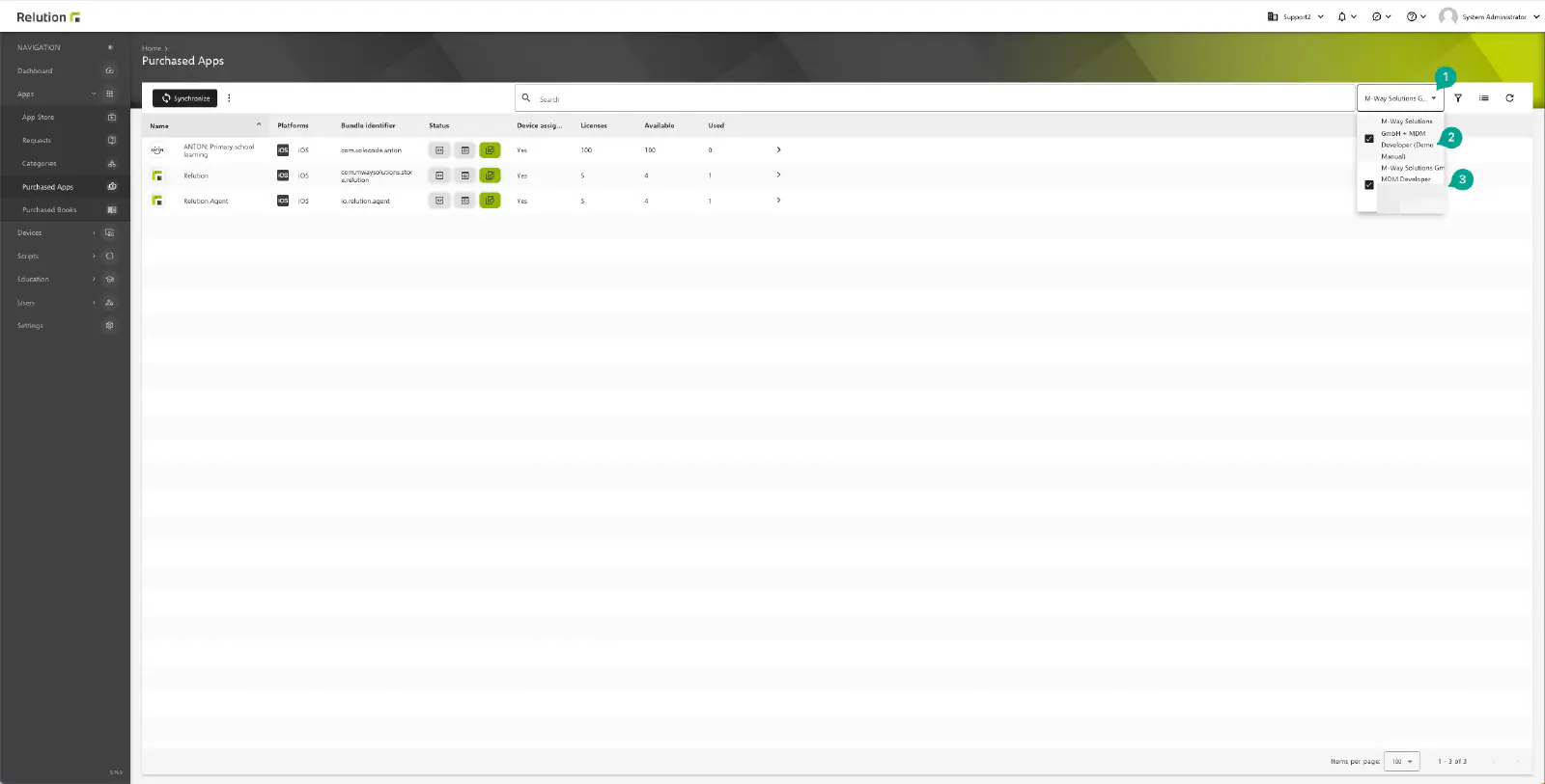 Relution Purchased Apps view with VPP token filter dropdown for license management