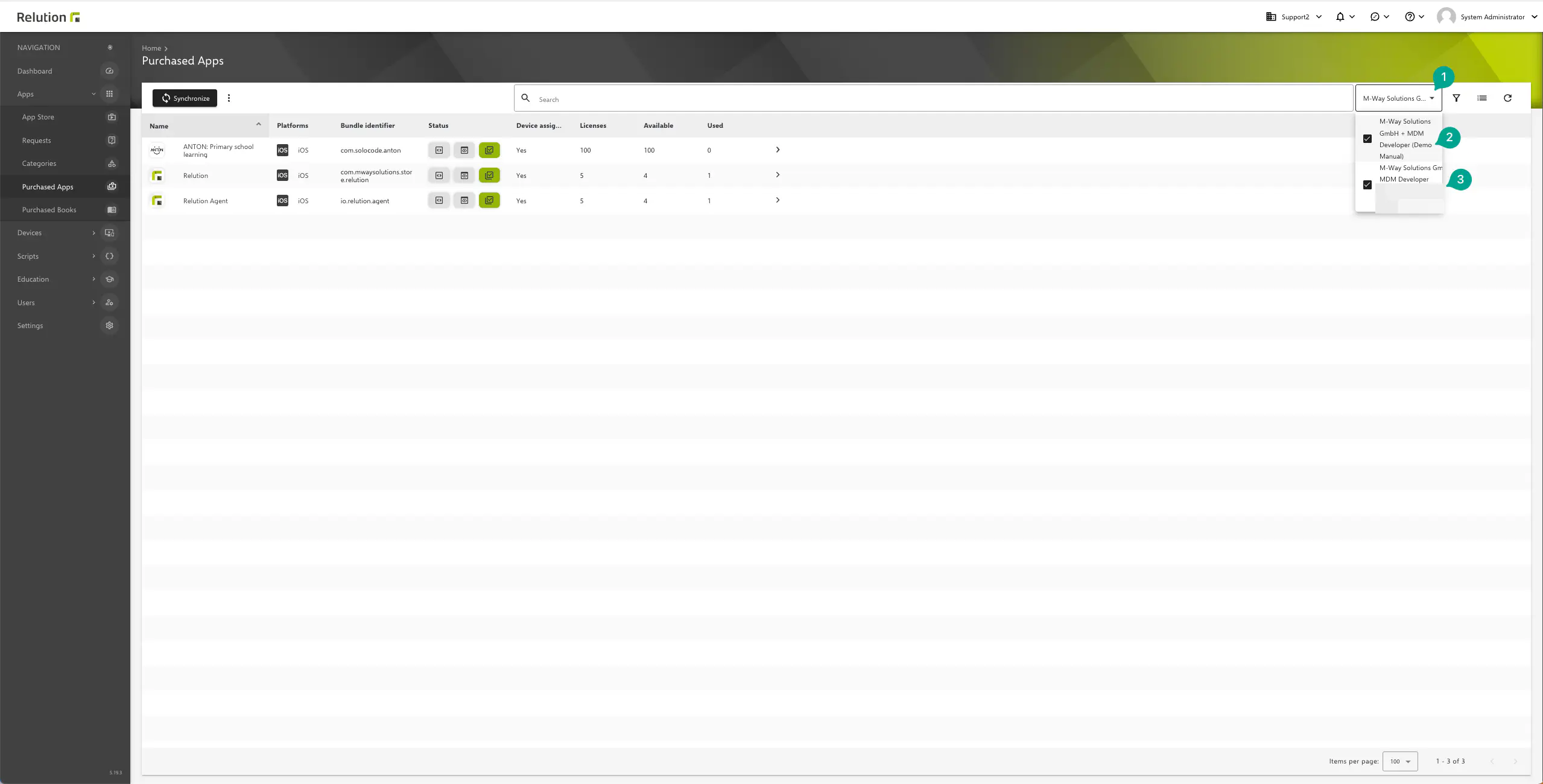 Relution Purchased Apps view with VPP token filter dropdown for license management