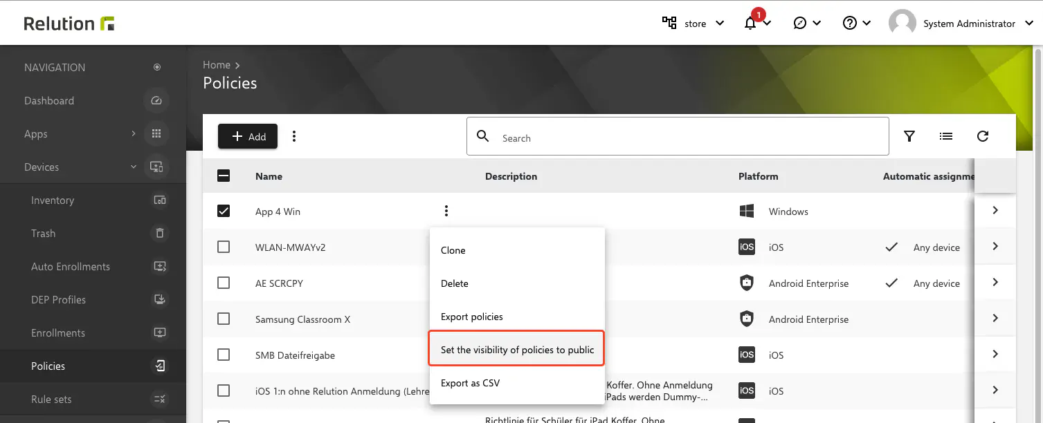 Relution Global Organization app store showing native app version assignment configuration