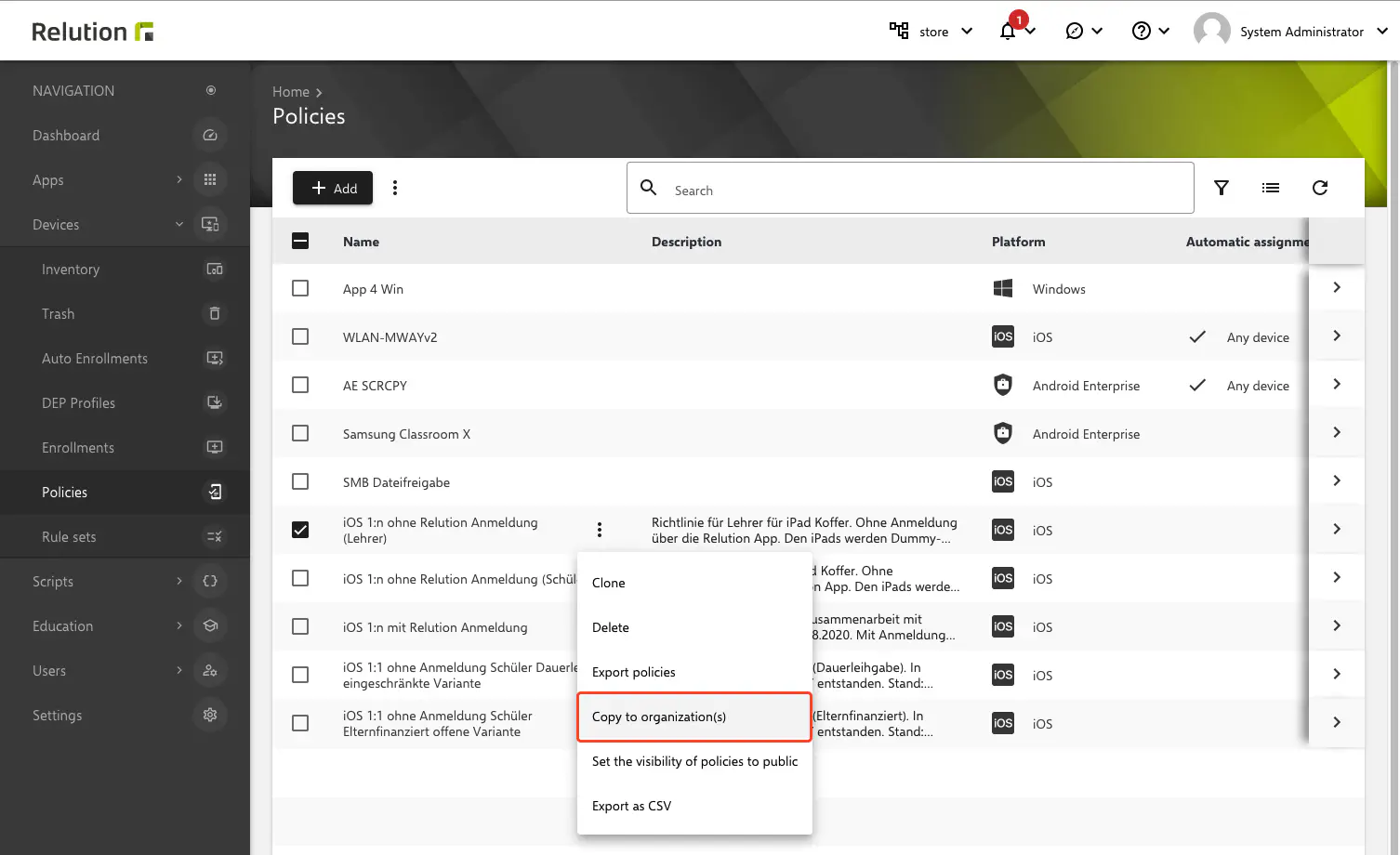 Relution Global Organization policy options for copying or globally publishing policies to organizations