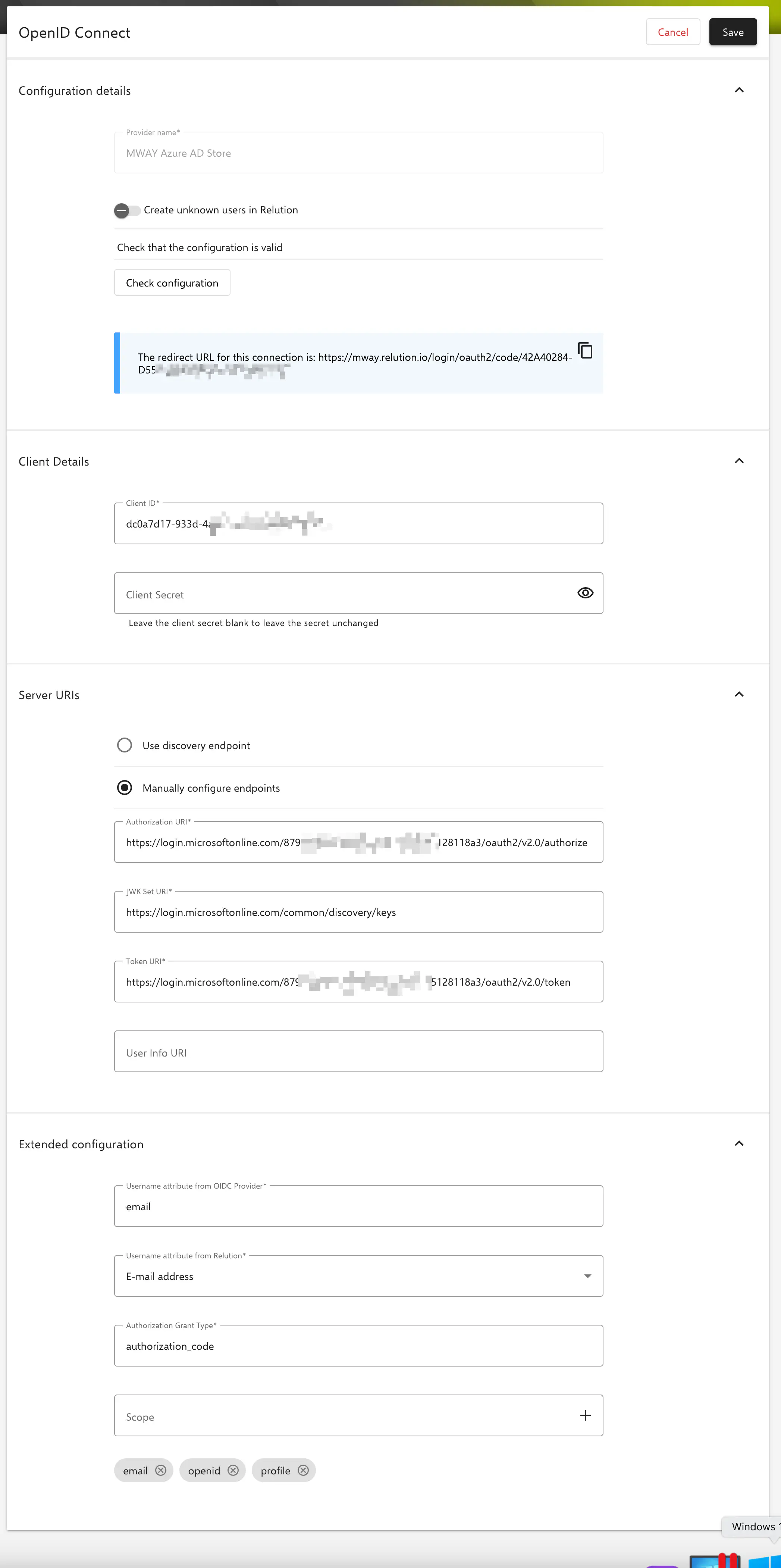 Configuration OpenID Connect dans les paramètres du portail Relution