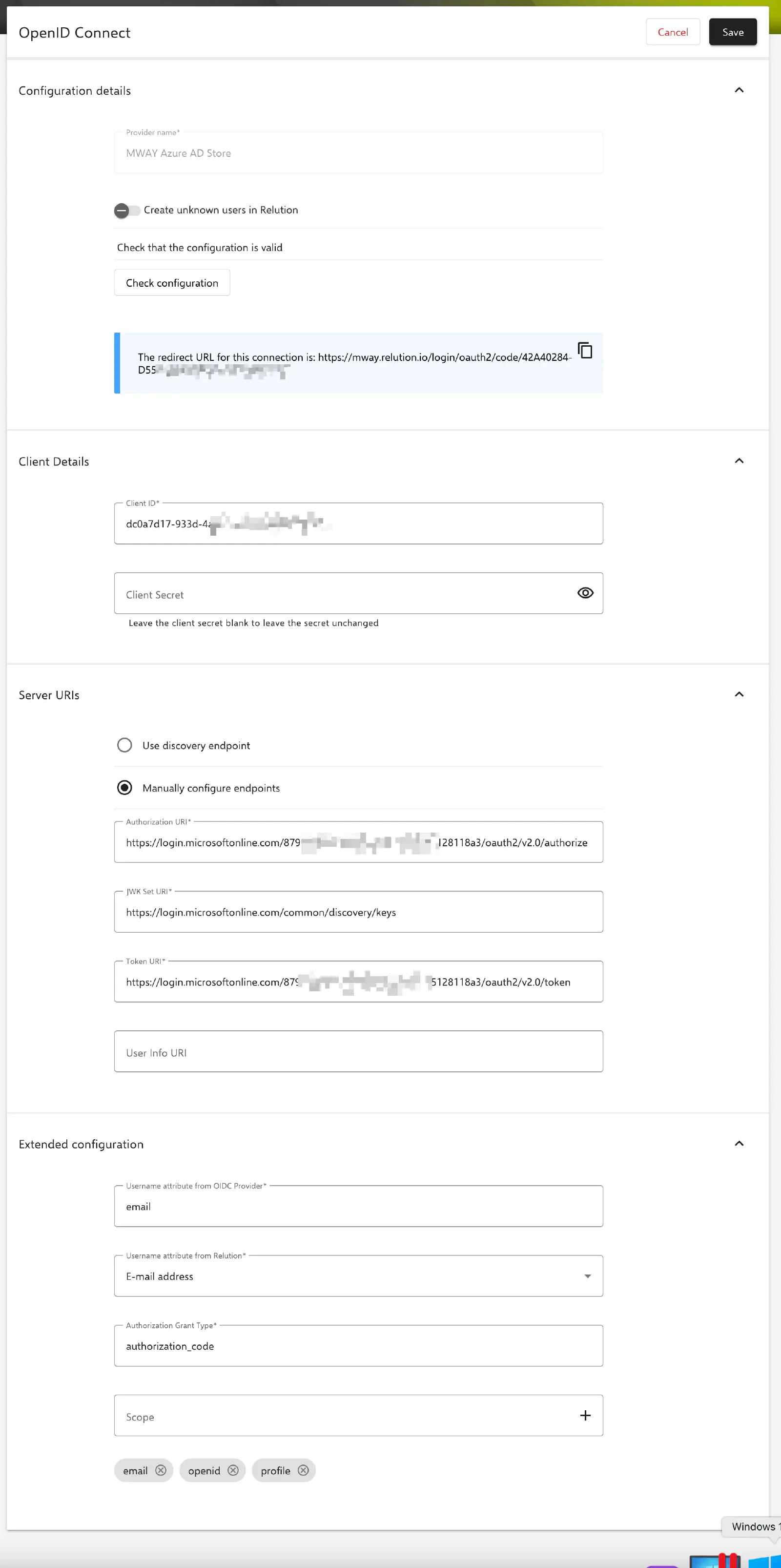 Relution OIDC settings page showing provider name and user creation configuration fields
