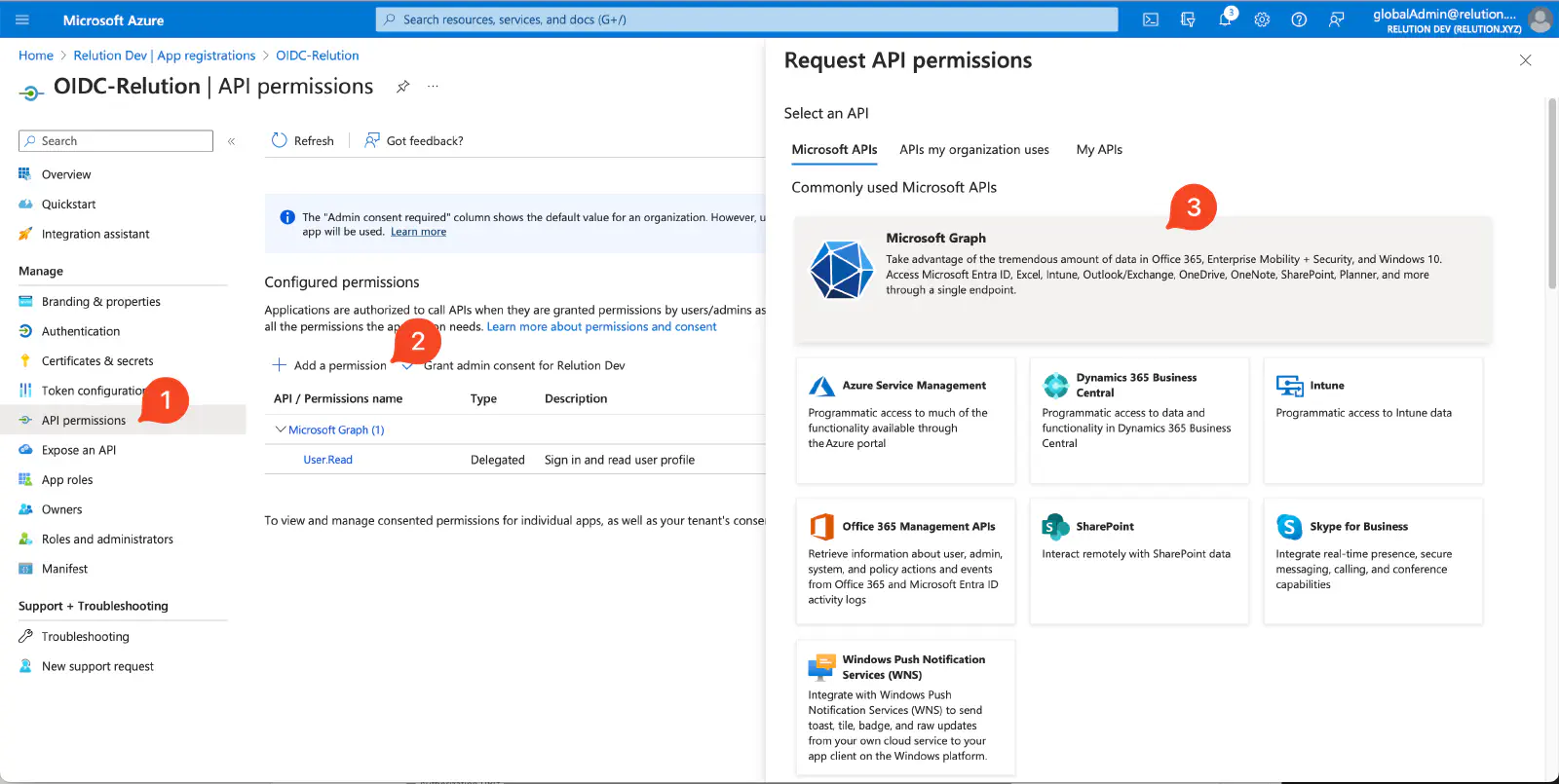 Azure Request API Permissions dialog with Microsoft Graph selected under Microsoft APIs