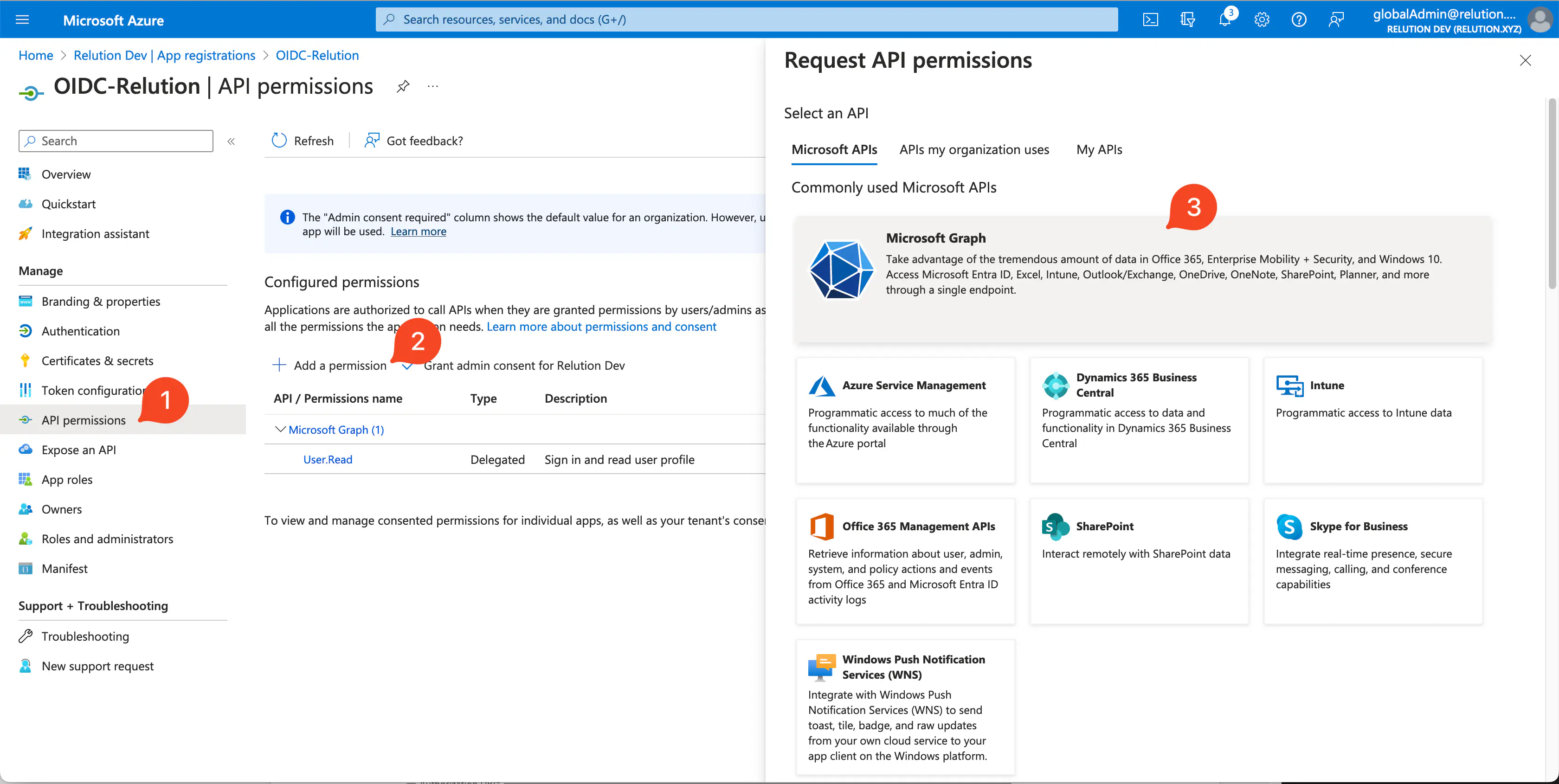Sélection de Microsoft Graph dans les autorisations API Azure pour OIDC