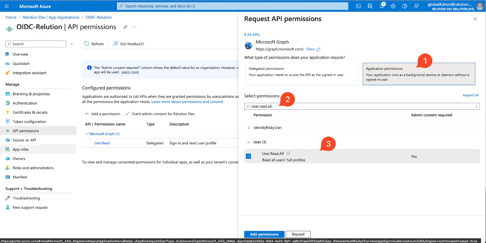Azure API permissions showing User.Read.All application permission selected for Microsoft Graph