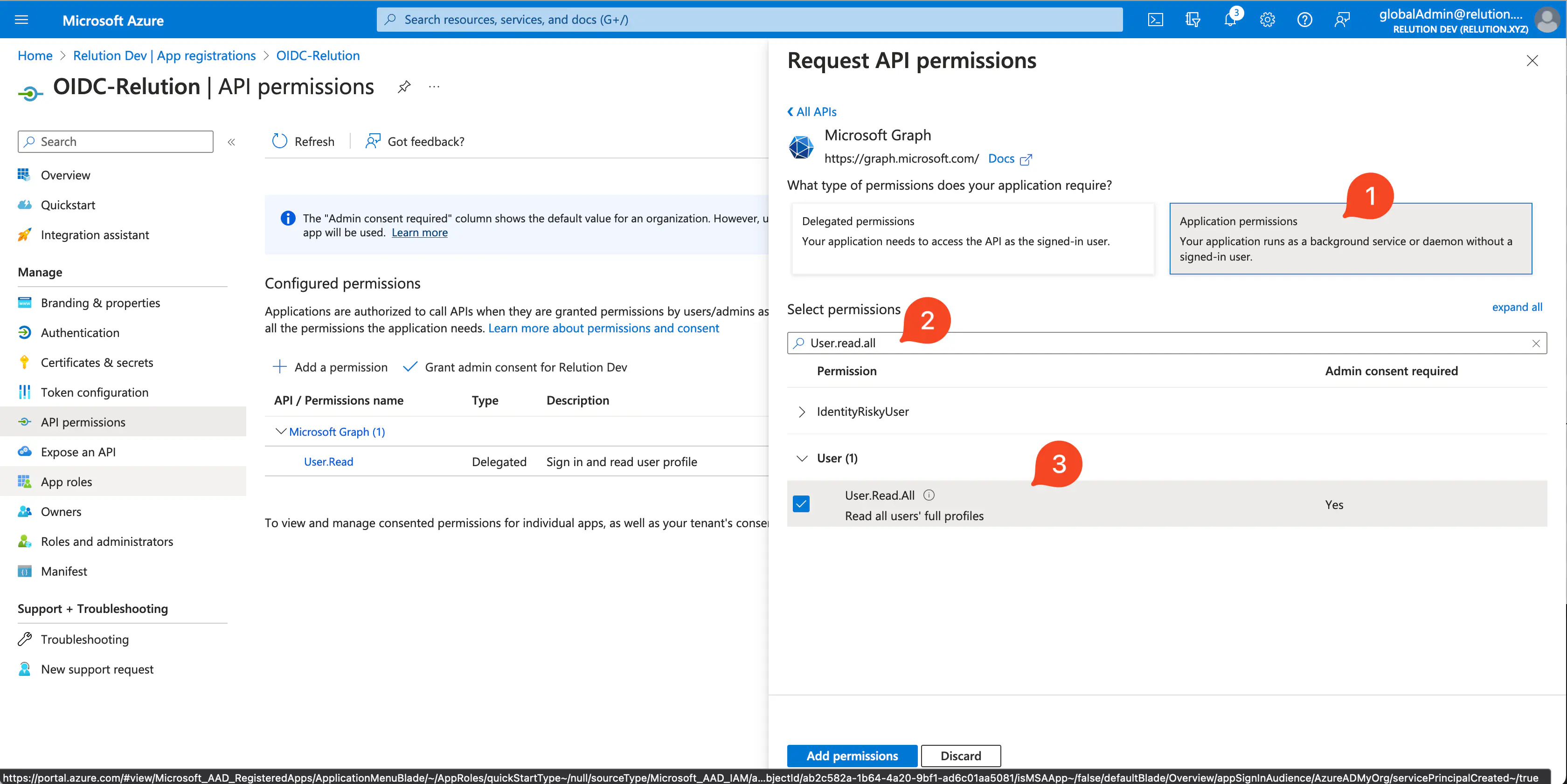 Sélection de la permission User.Read.All pour Microsoft Graph dans Azure OIDC
