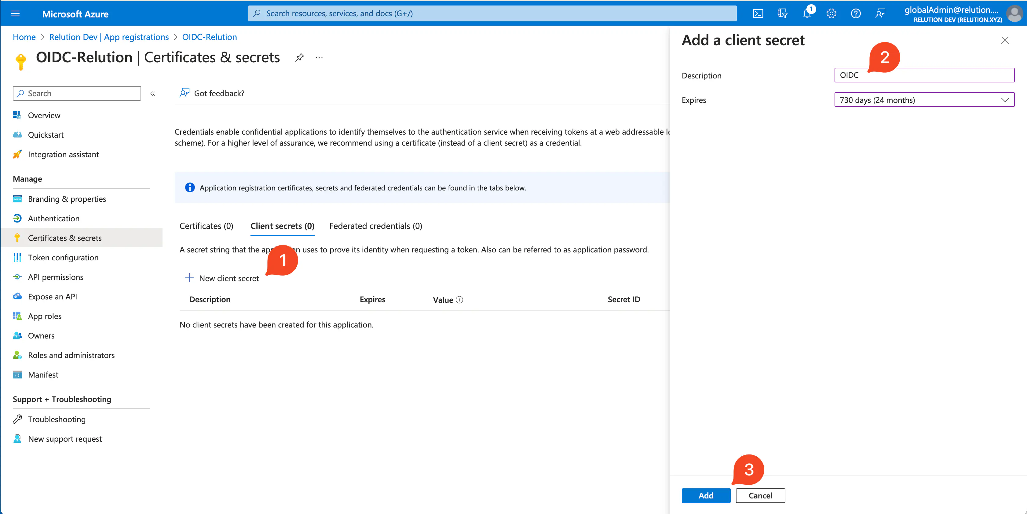 Définition de la description et de la validité de la clé client secrète Azure OIDC