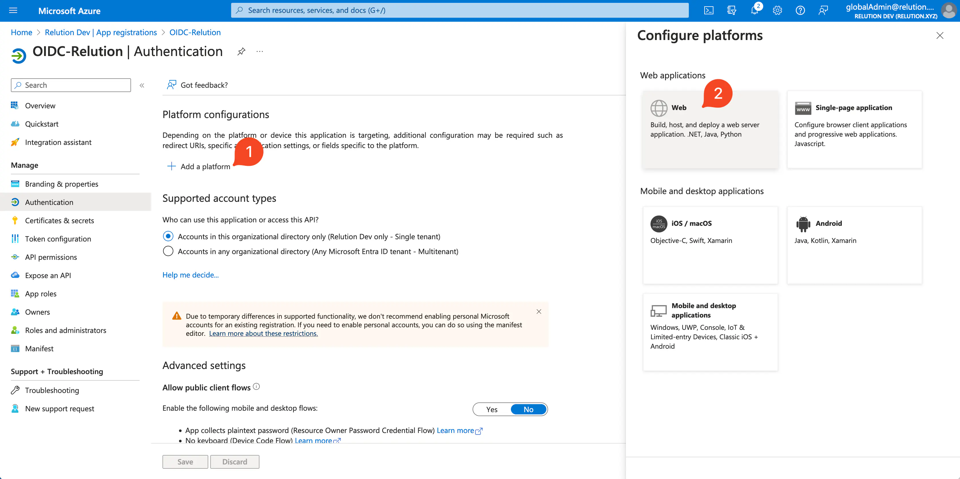 URI de redirection OIDC affiché dans Relution après configuration de la connexion