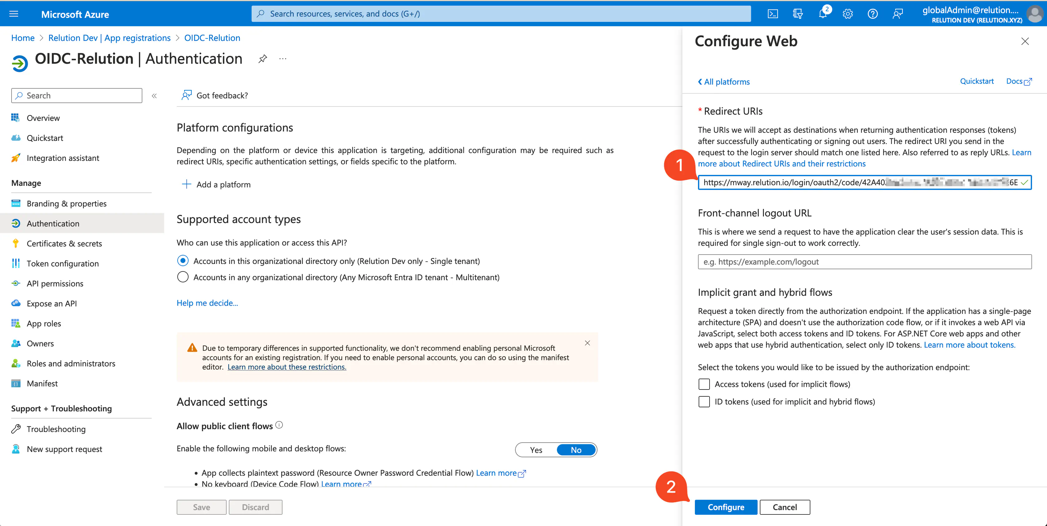Ajout de l’URI de redirection Relution dans la configuration Azure OIDC