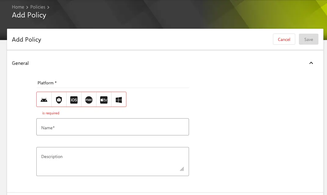 Policy overview list in Relution console