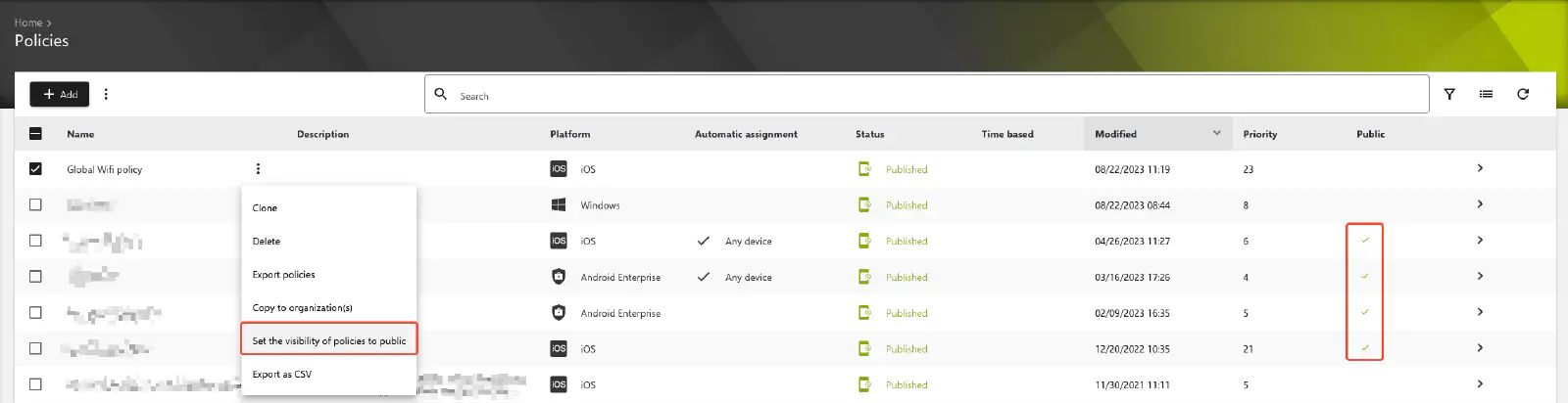 Global policy marked as public in Relution overview