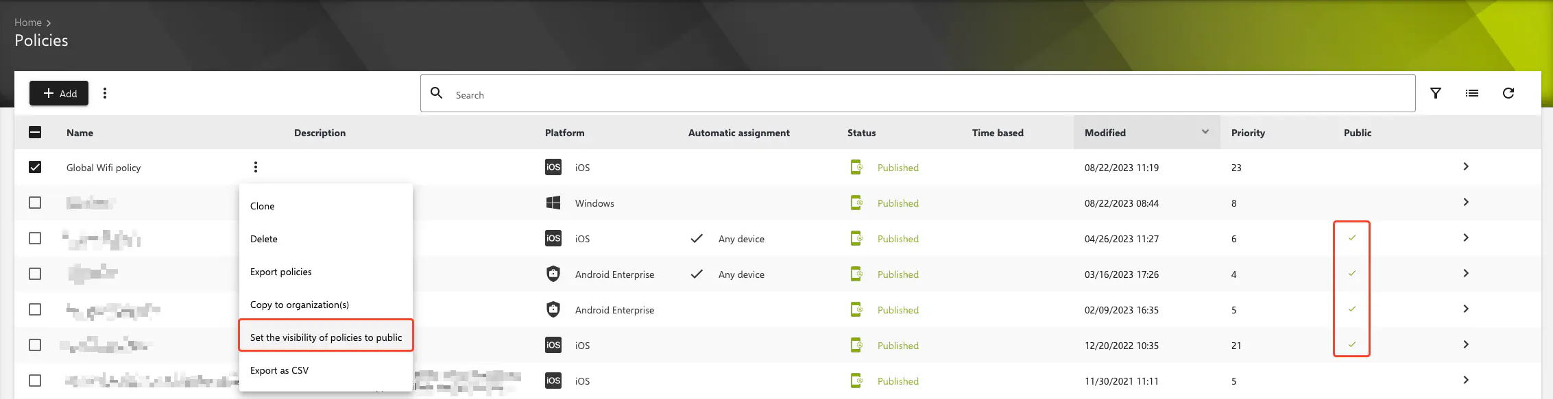 Global policy marked as public in Relution overview