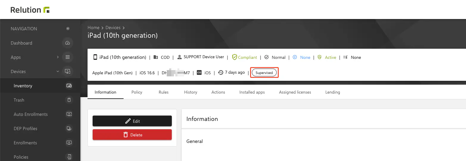 Relution device details infobox showing Will be supervised badge status