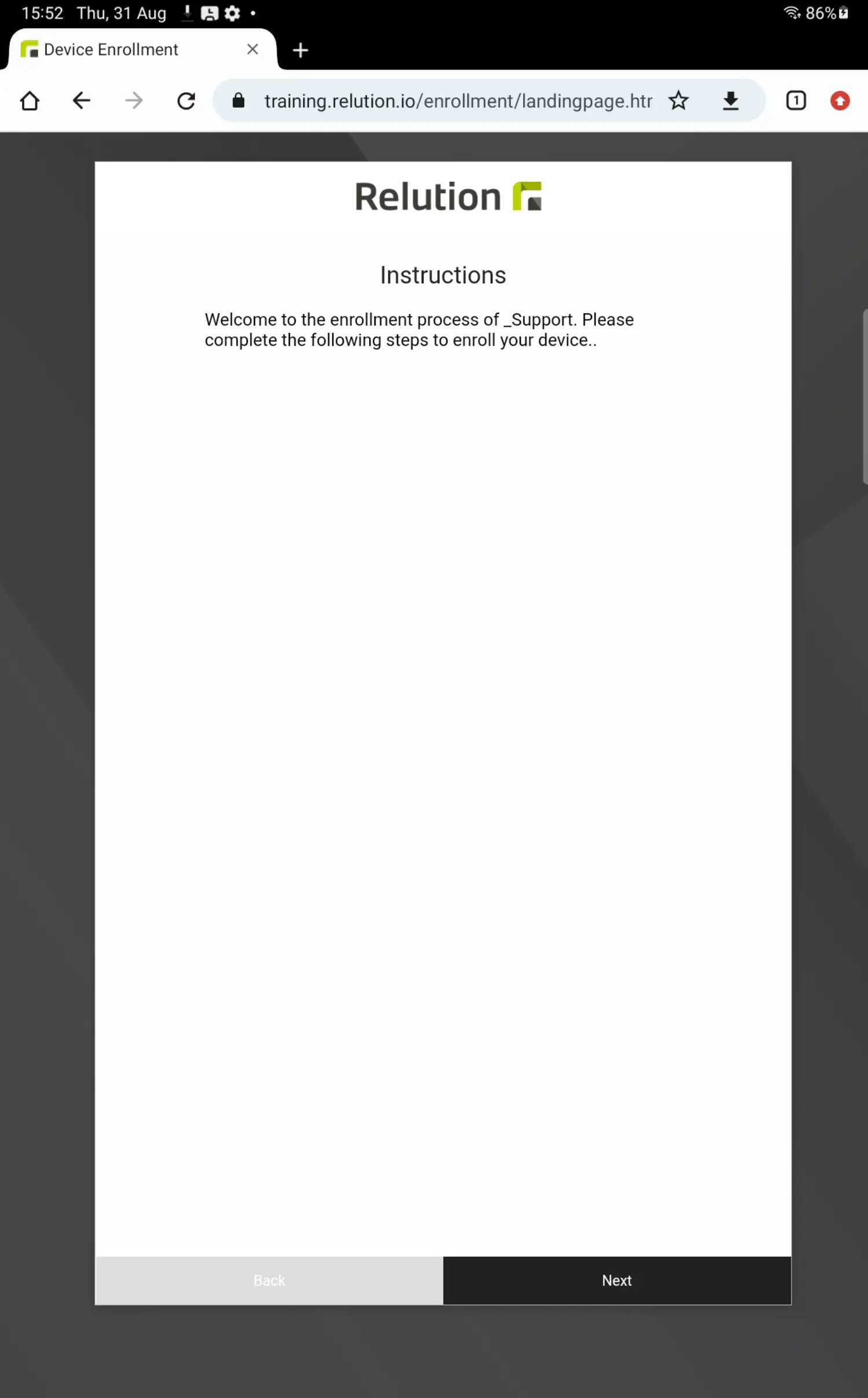 Android device browser showing Relution enrollment welcome screen