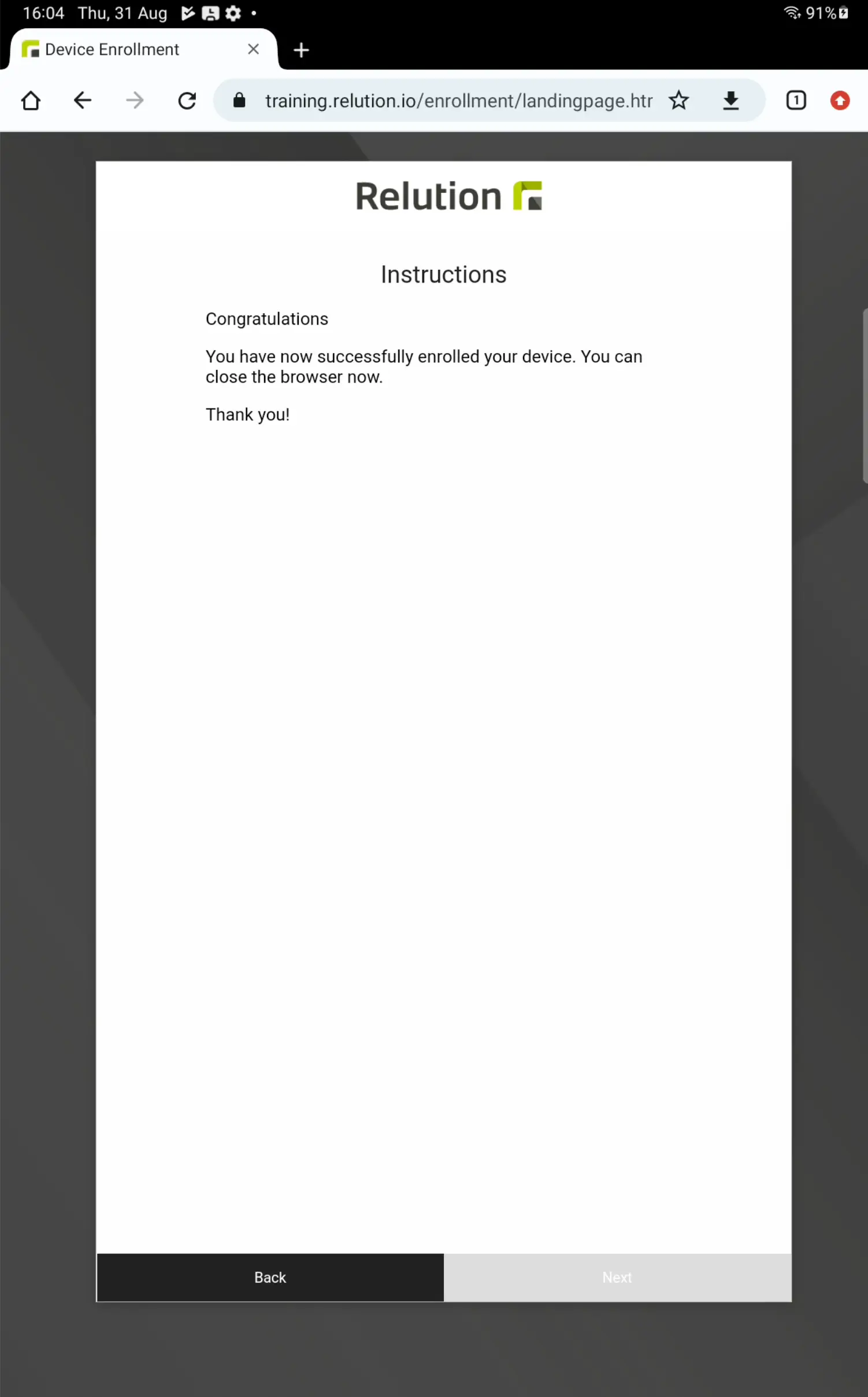 Samsung privacy policy acceptance screen during Android Classic enrollment