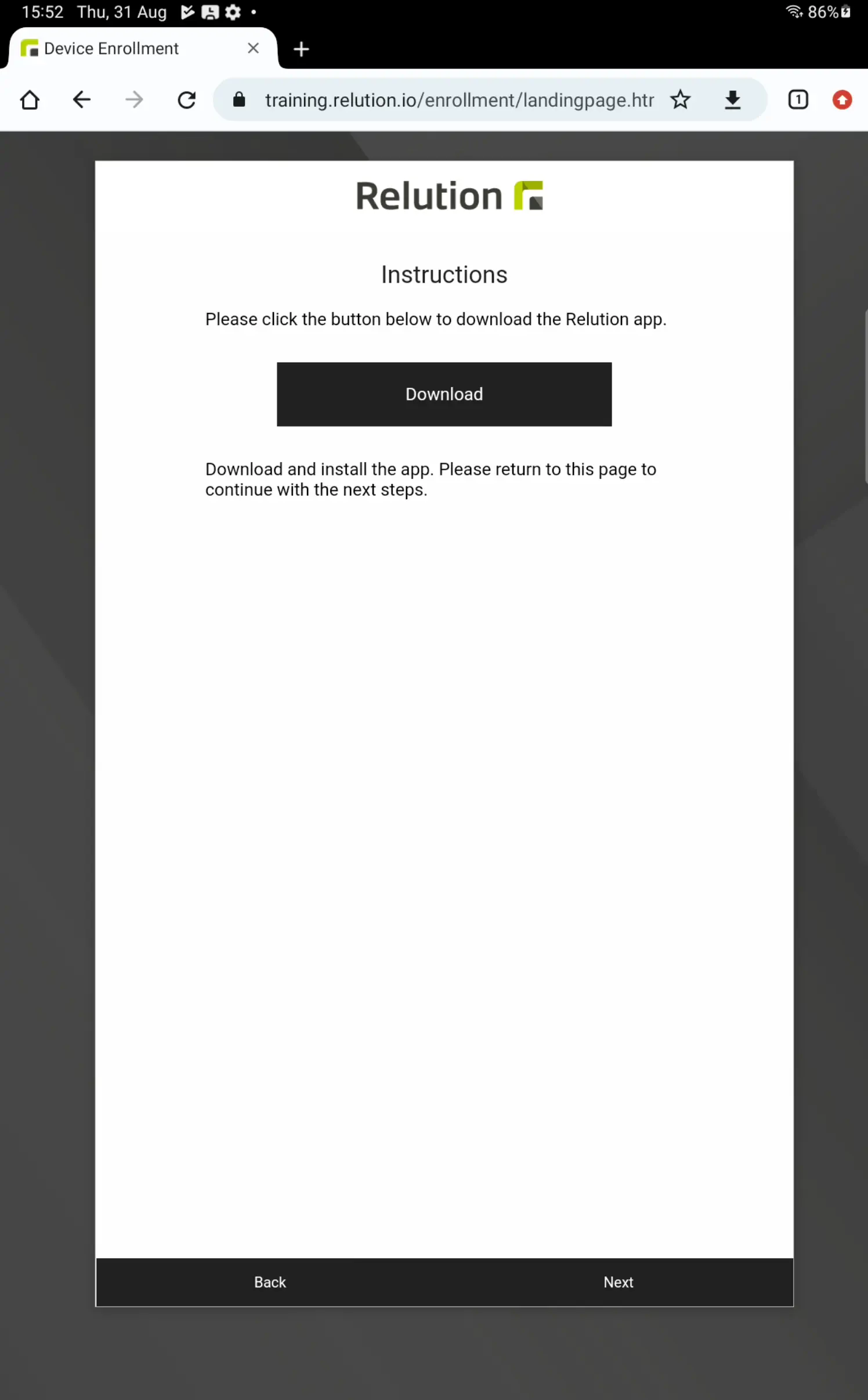 Enrollment welcome screen on Android device with Next button