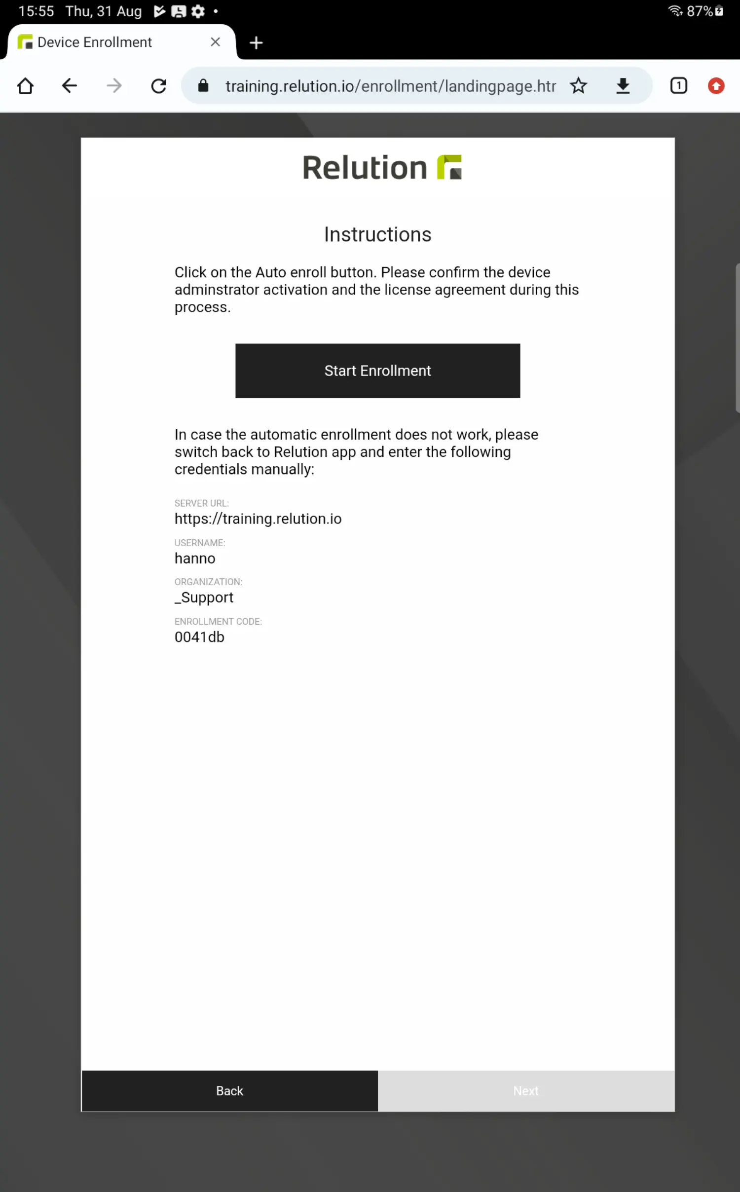 Relution Companion app download prompt during Android enrollment