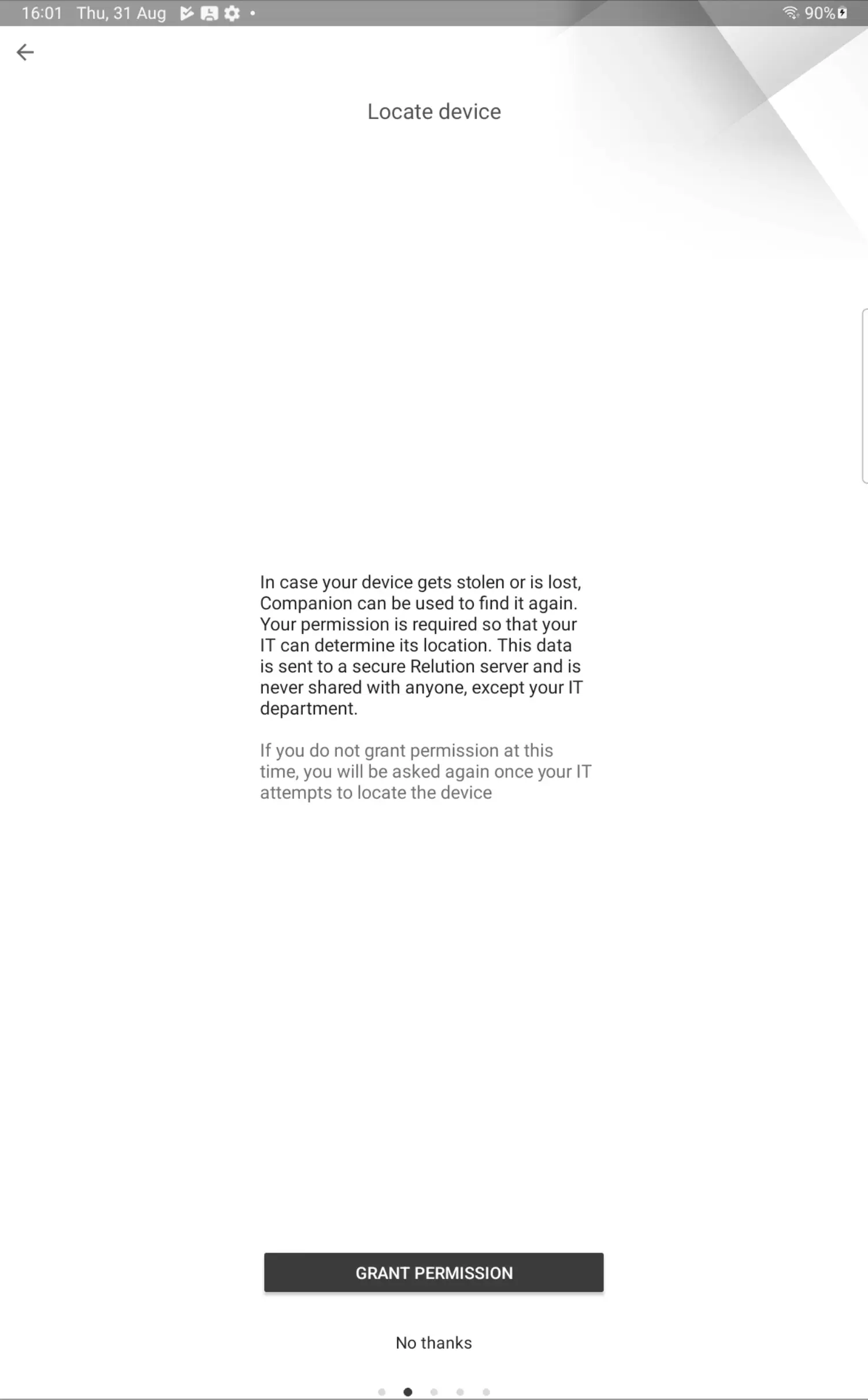Relution Companion license agreement screen with Enroll button
