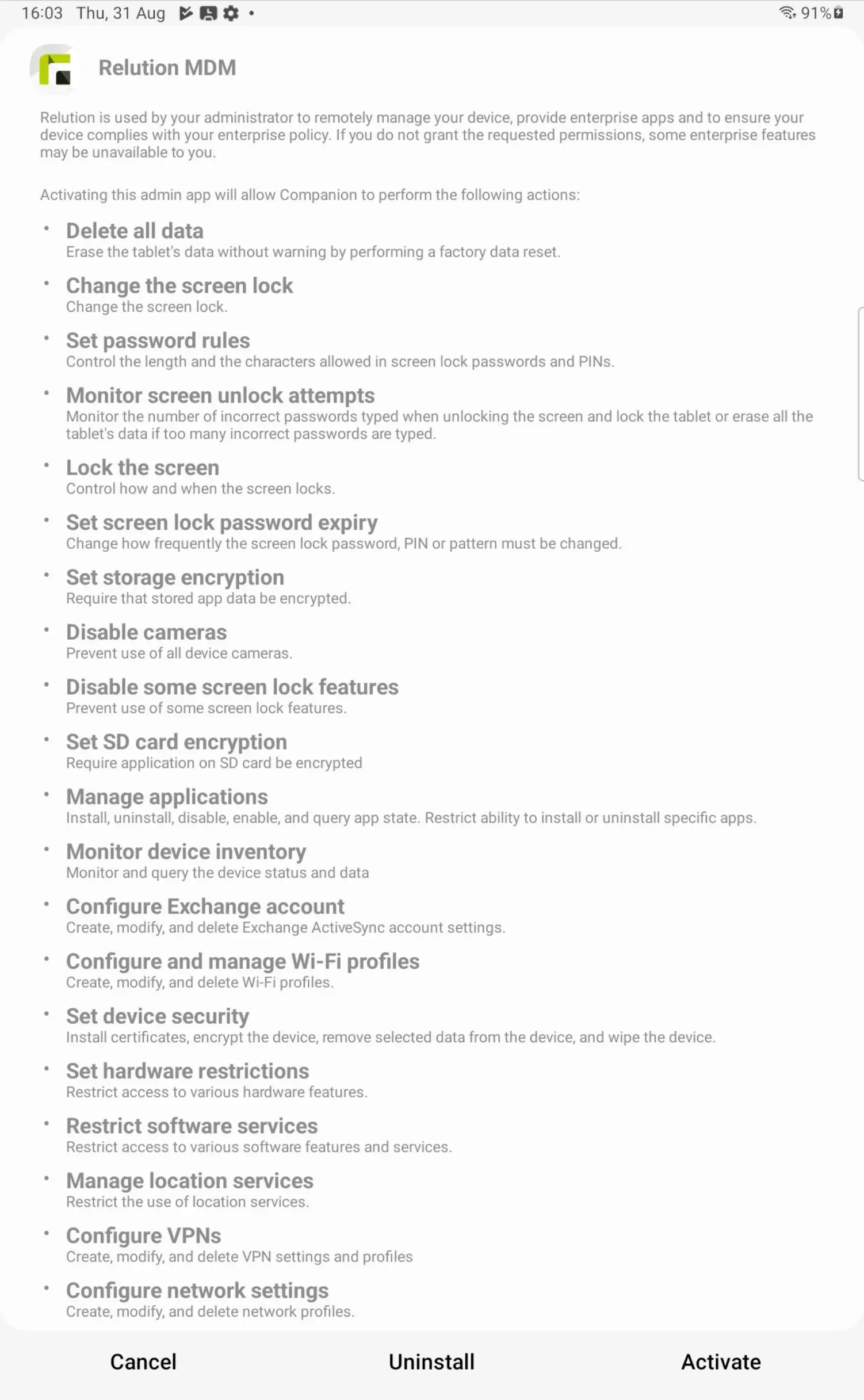 Android device administrator rights request screen for Relution management