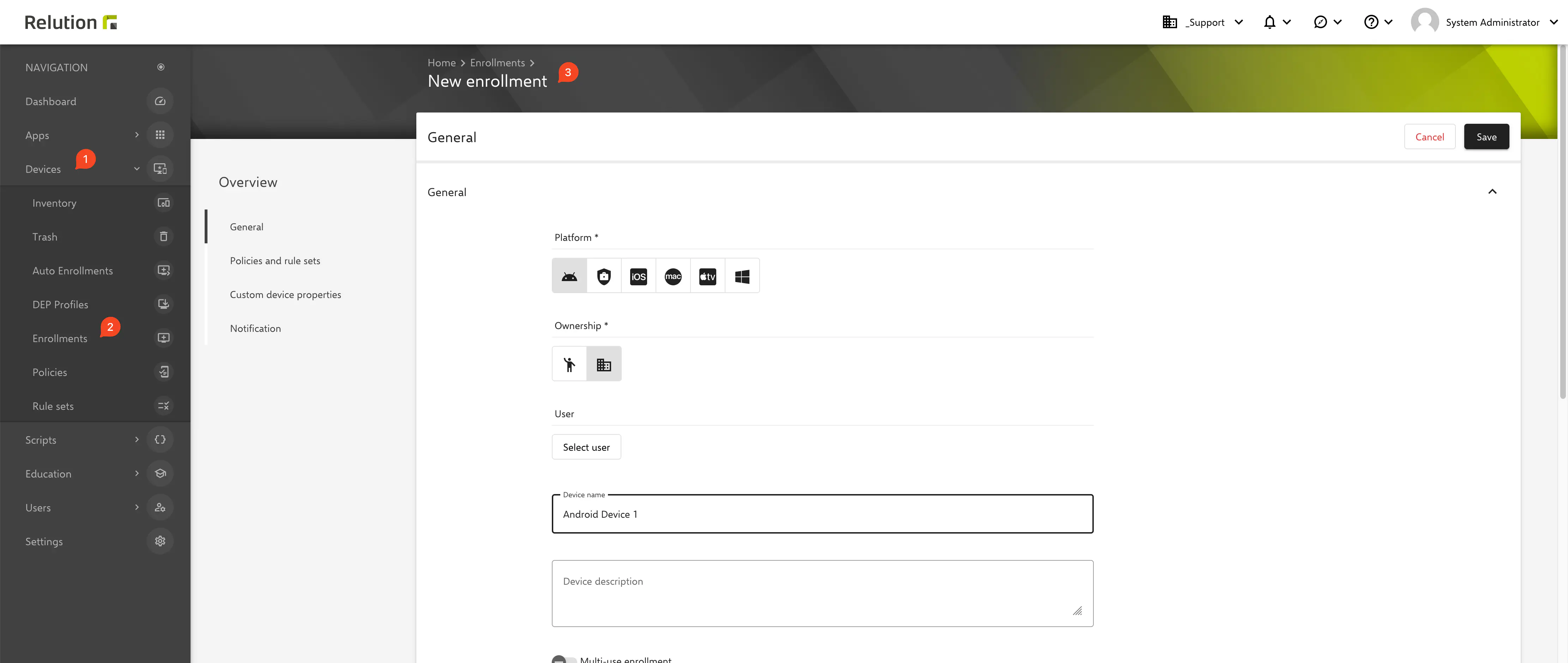 Android enrollment creation form in Relution portal