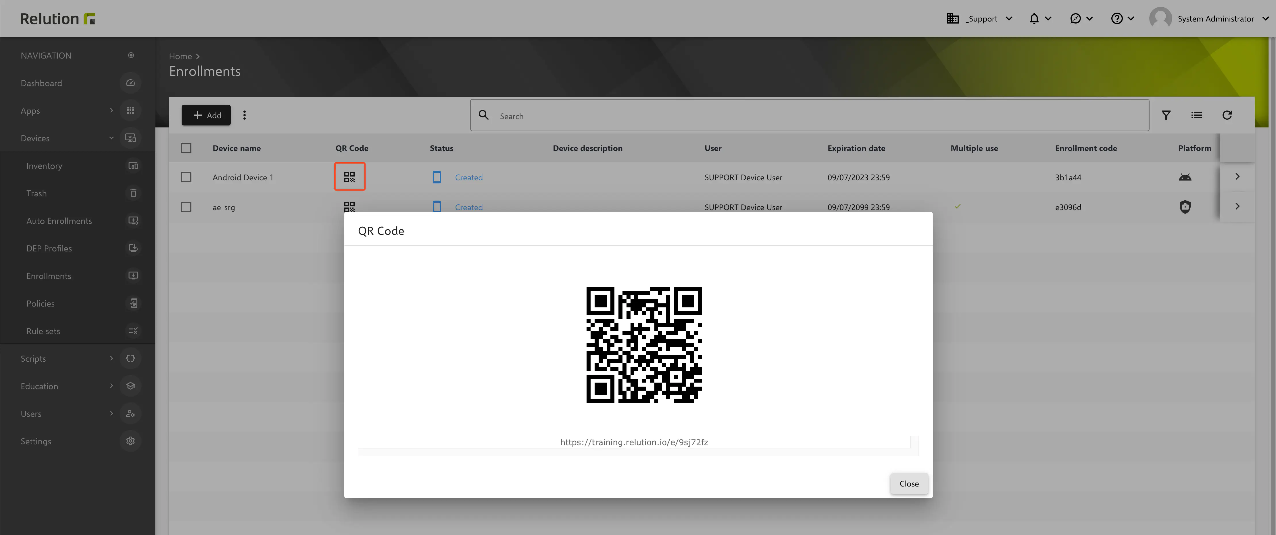 Android enrollment QR code displayed in Relution portal for scanning