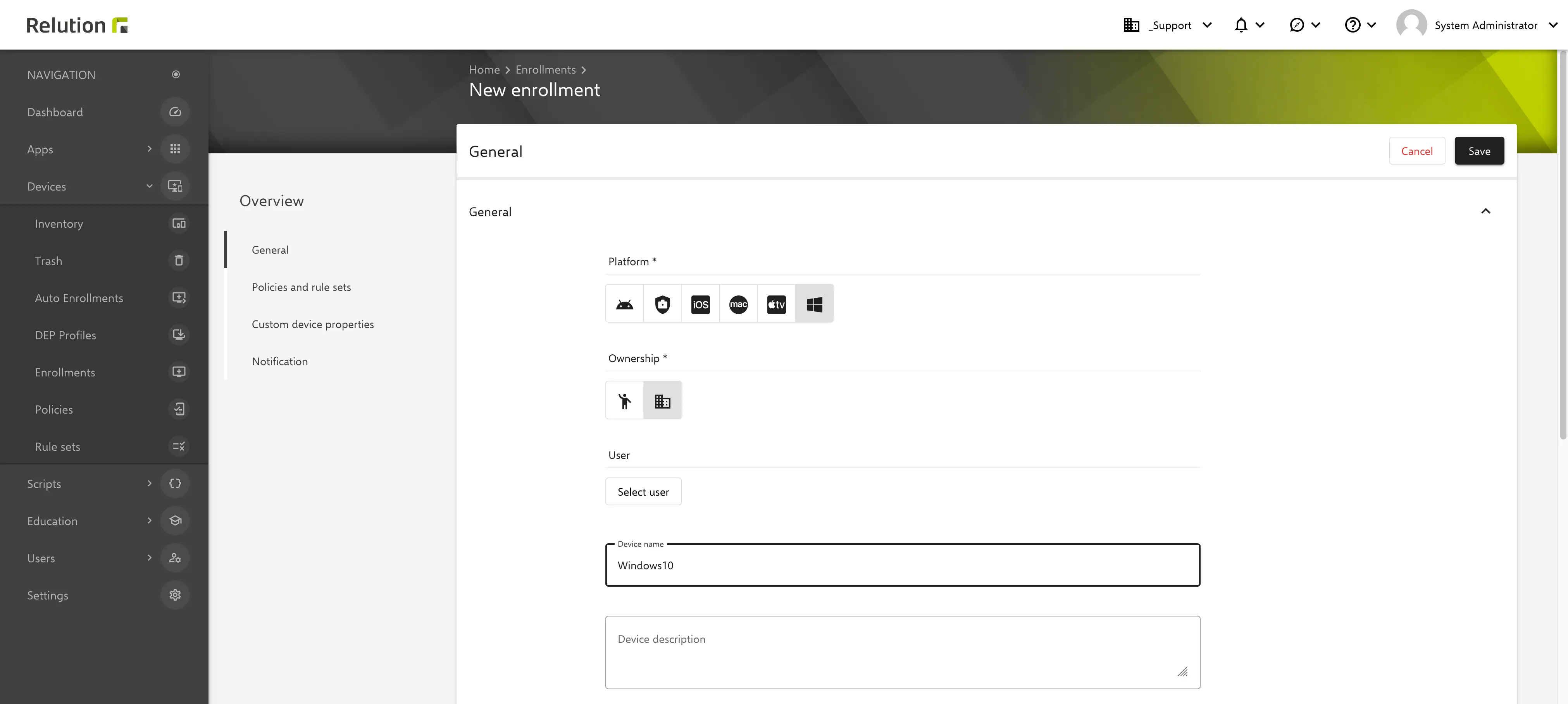 Relution portal enrollment creation form showing Windows manual enrollment setup