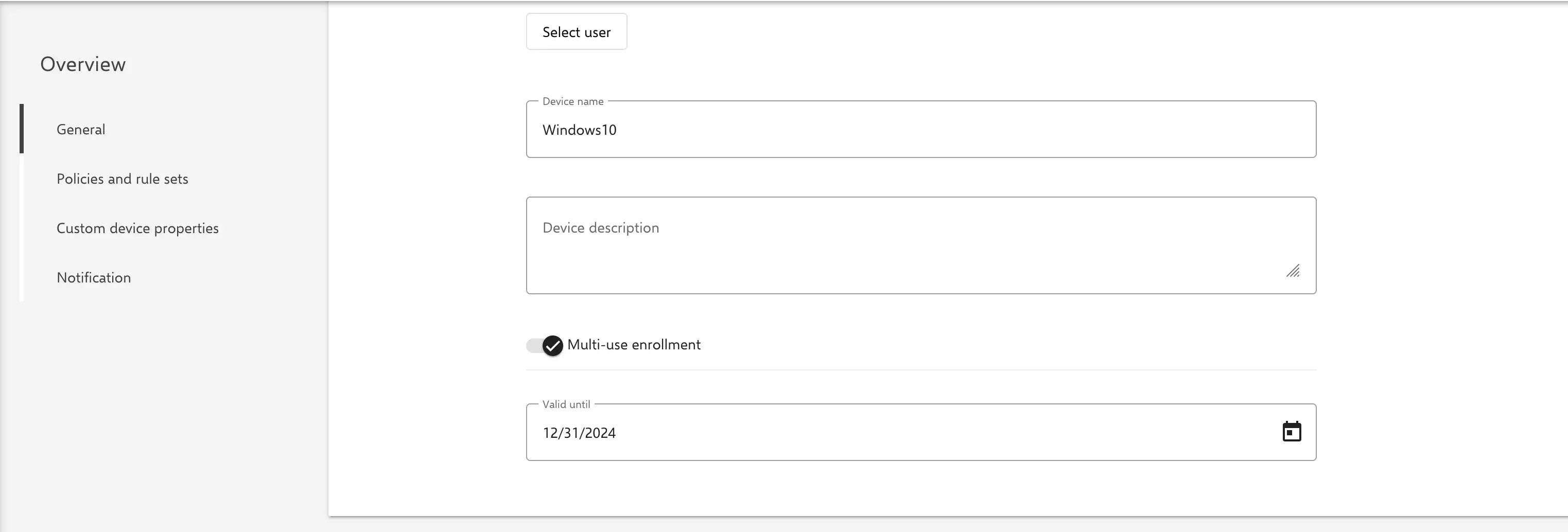 Relution enrollment settings showing Multiple enrollment toggle and validity period configuration