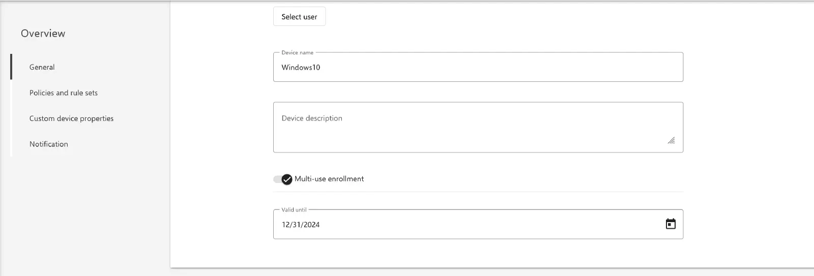 Relution enrollment settings showing Multiple enrollment toggle and validity period configuration