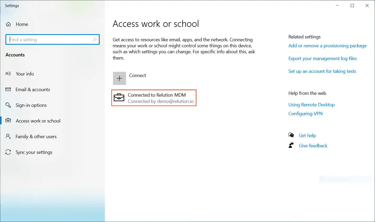 Windows System Settings Access Business or School Account showing Connected to Relution MDM server