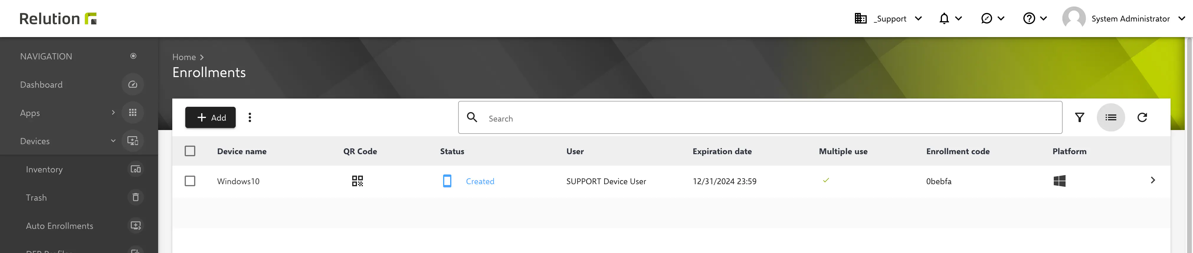 Relution enrollment code displayed for use in Windows Configuration Designer deployment package