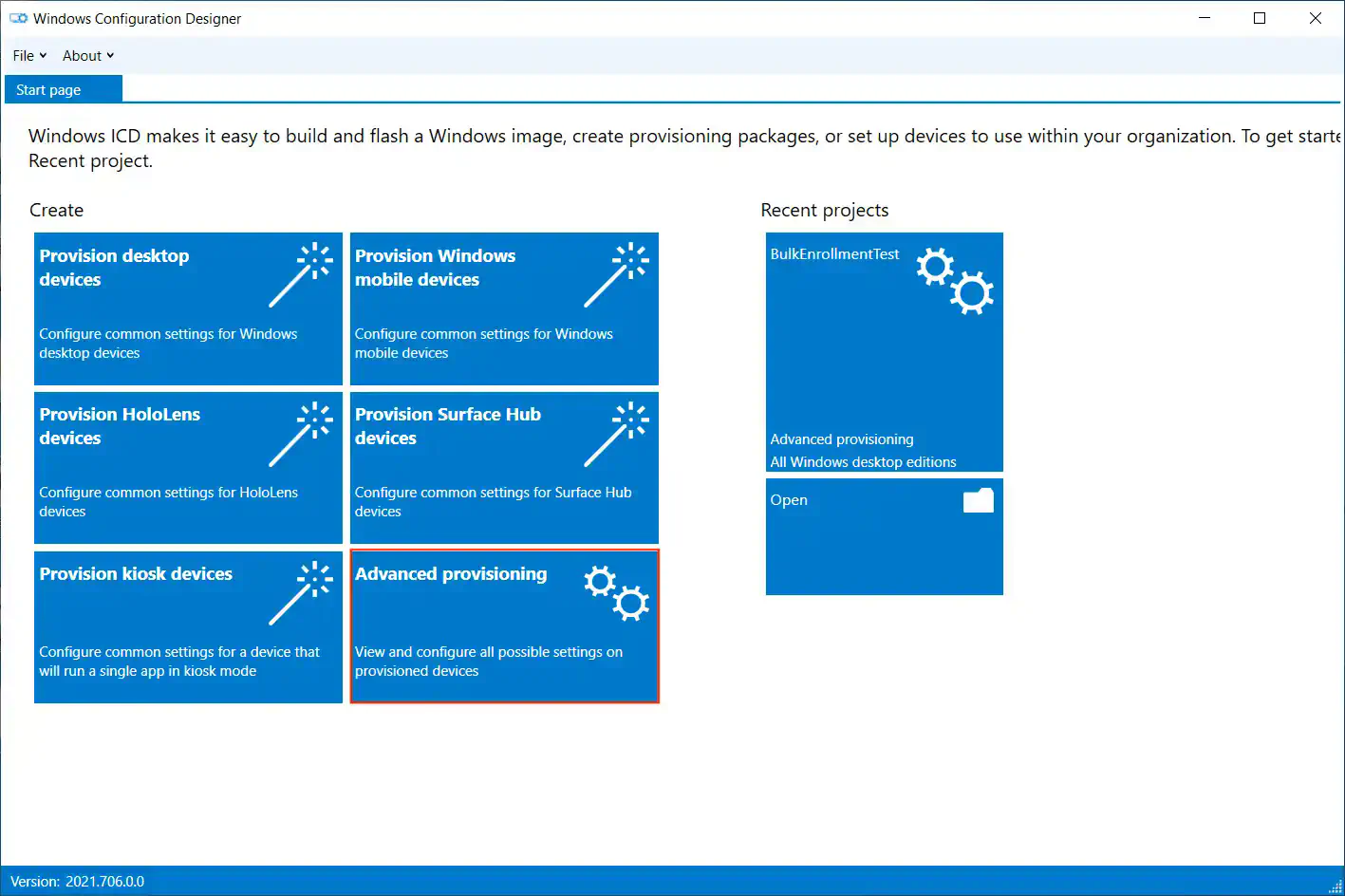 Windows Configuration Designer home screen with Use Advanced Deployment tile