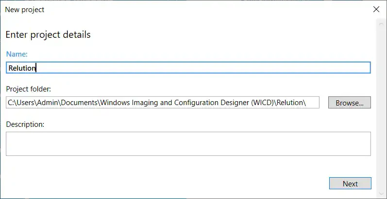 Windows Configuration Designer project name input screen