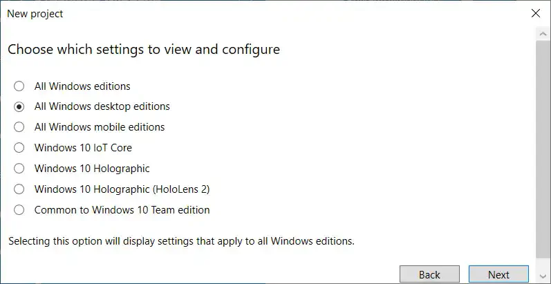 Windows Configuration Designer target platform selection with All Windows Desktop Editions chosen