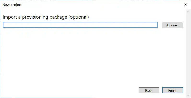 Windows Configuration Designer import deployment package step with Complete button to skip