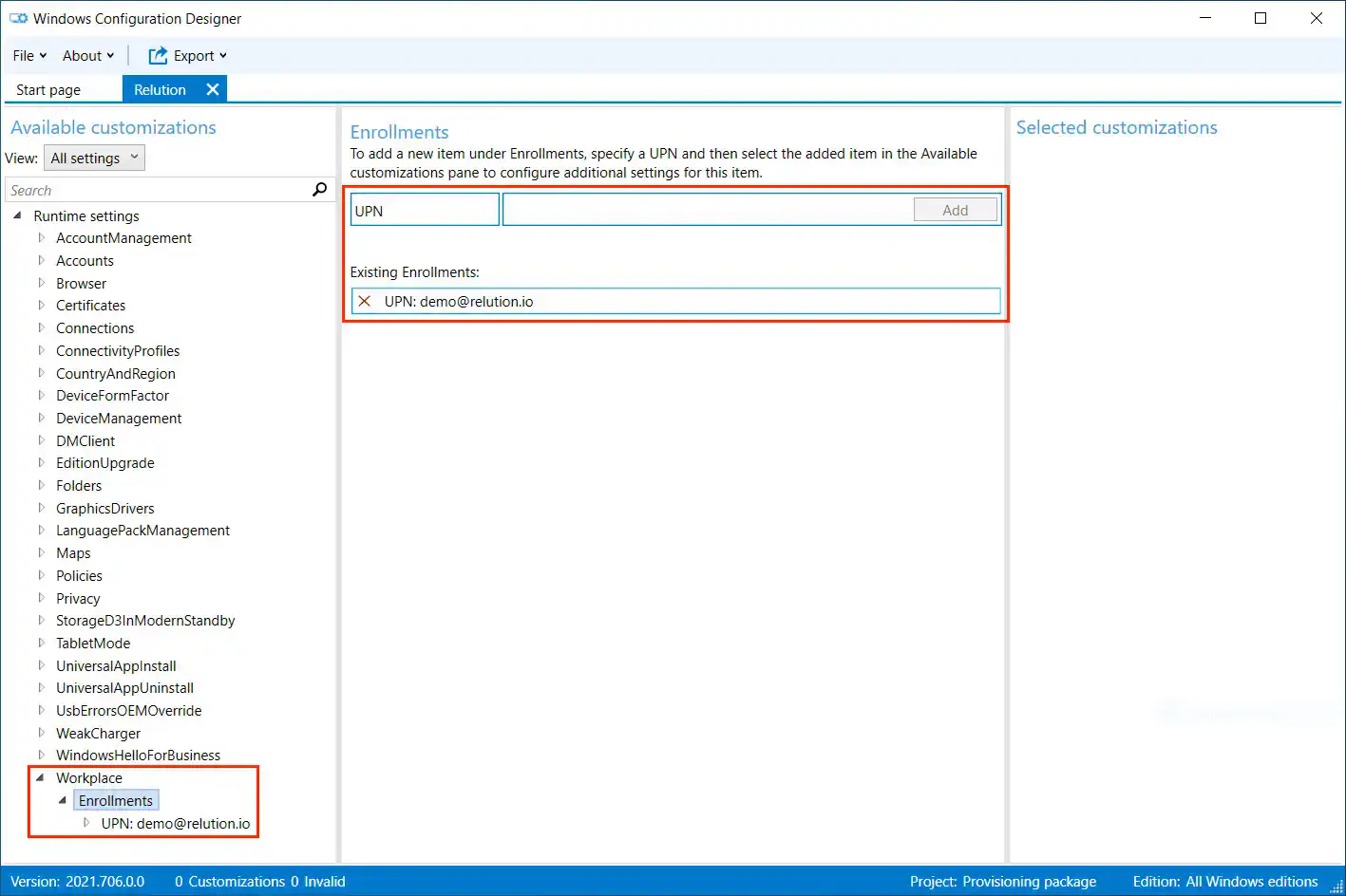 Windows Configuration Designer Runtime Settings Workplace Enrollments section with email address field