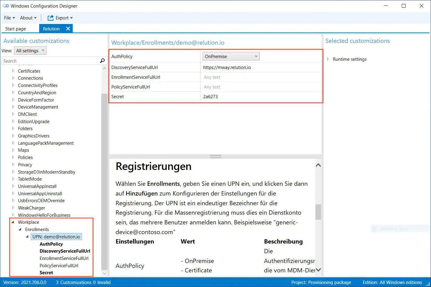 Windows Configuration Designer UPN settings with AuthPolicy, DiscoveryServiceFullUrl and Secret fields
