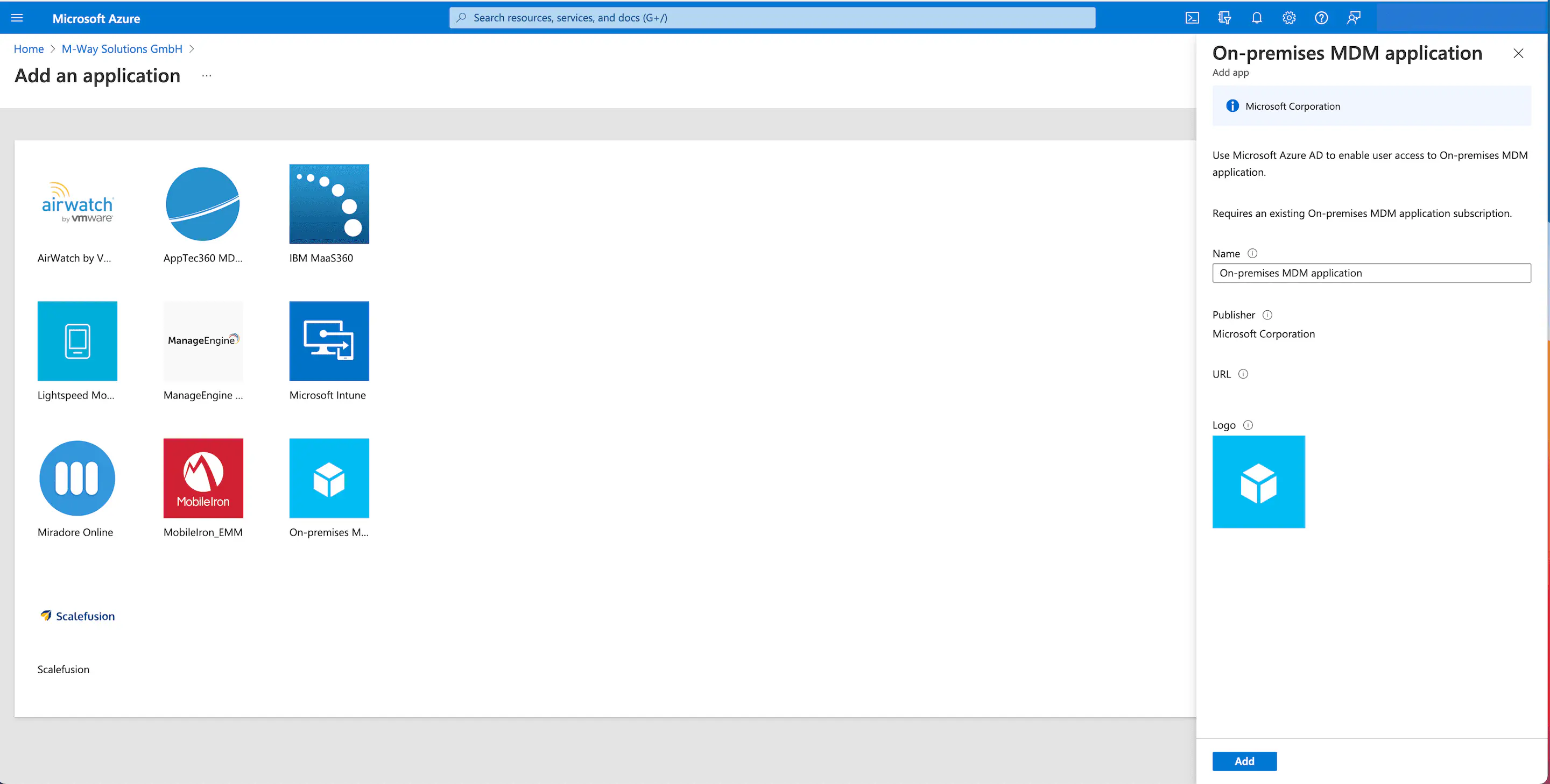 Sélection de l’application MDM On-Premises et saisie du nom dans Azure