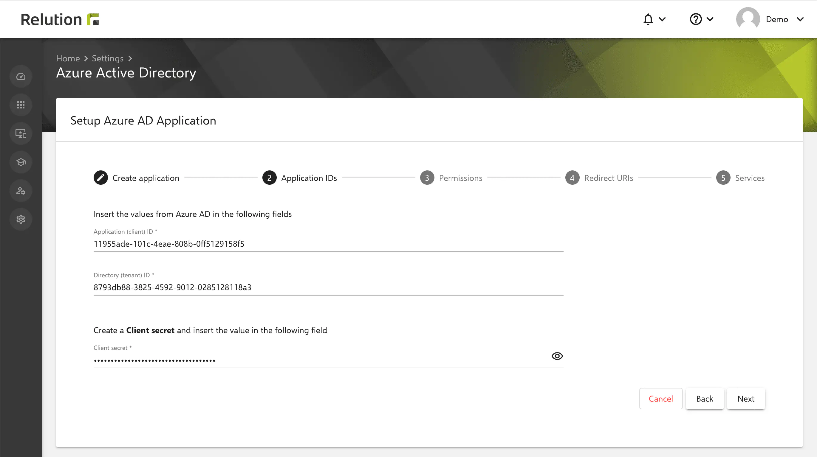 Identifiant application et répertoire Azure à transférer dans le guide Relution Autopilot
