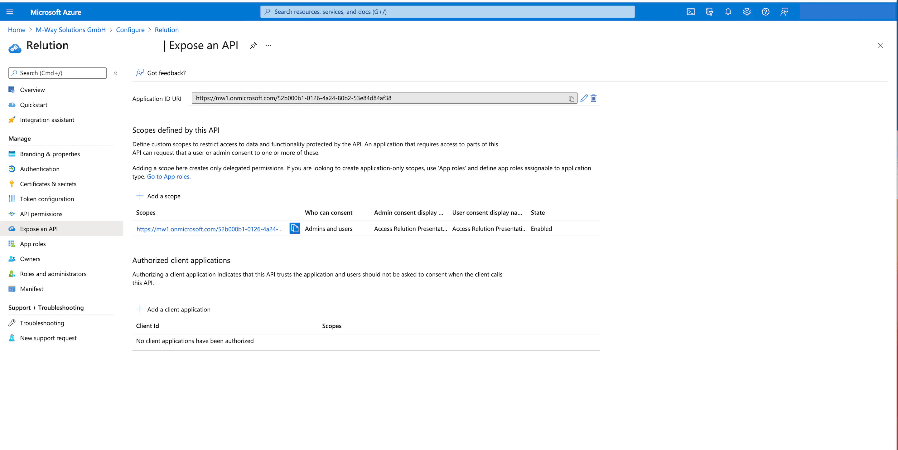 Saisie de l’URL du serveur Relution comme URI d’ID d’application dans Azure