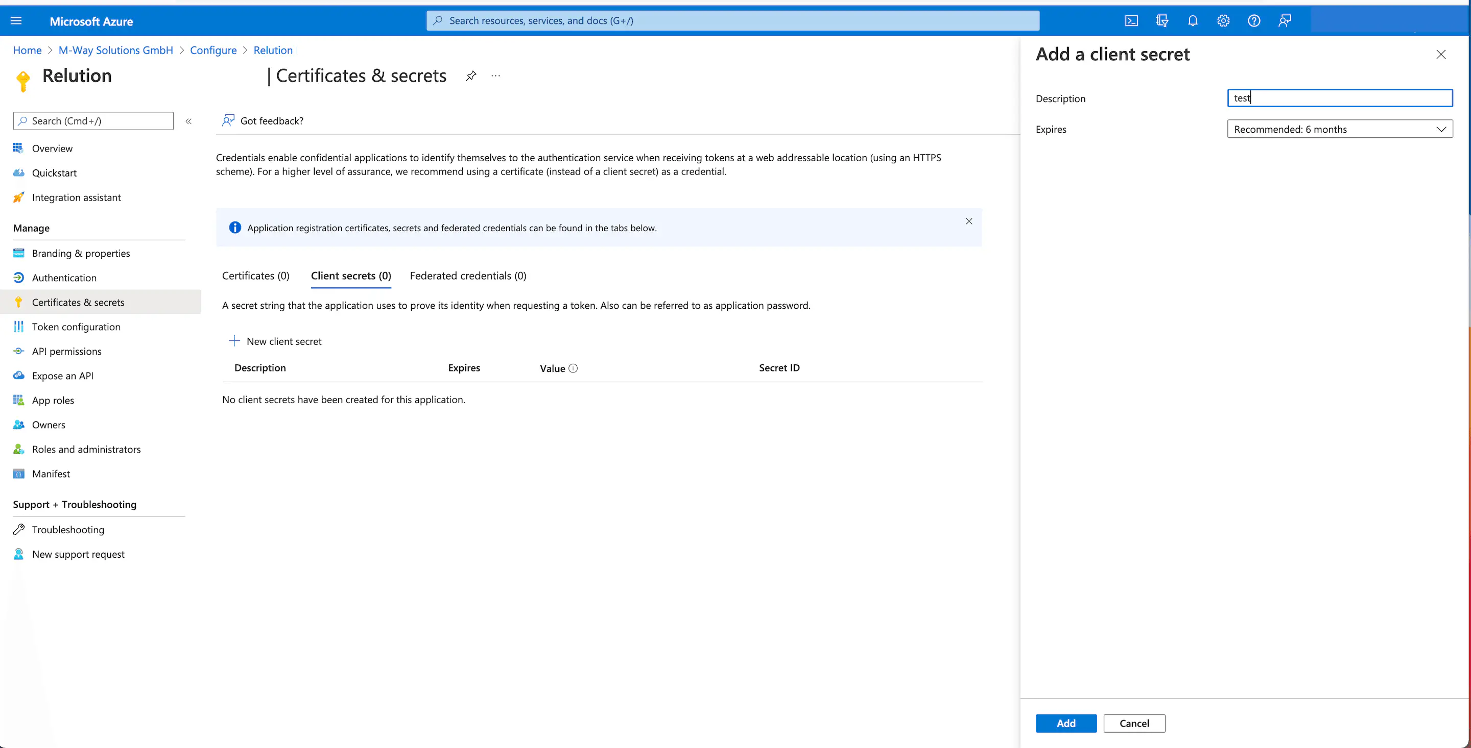 Création d’une clé client secrète avec description et validité dans Azure Autopilot