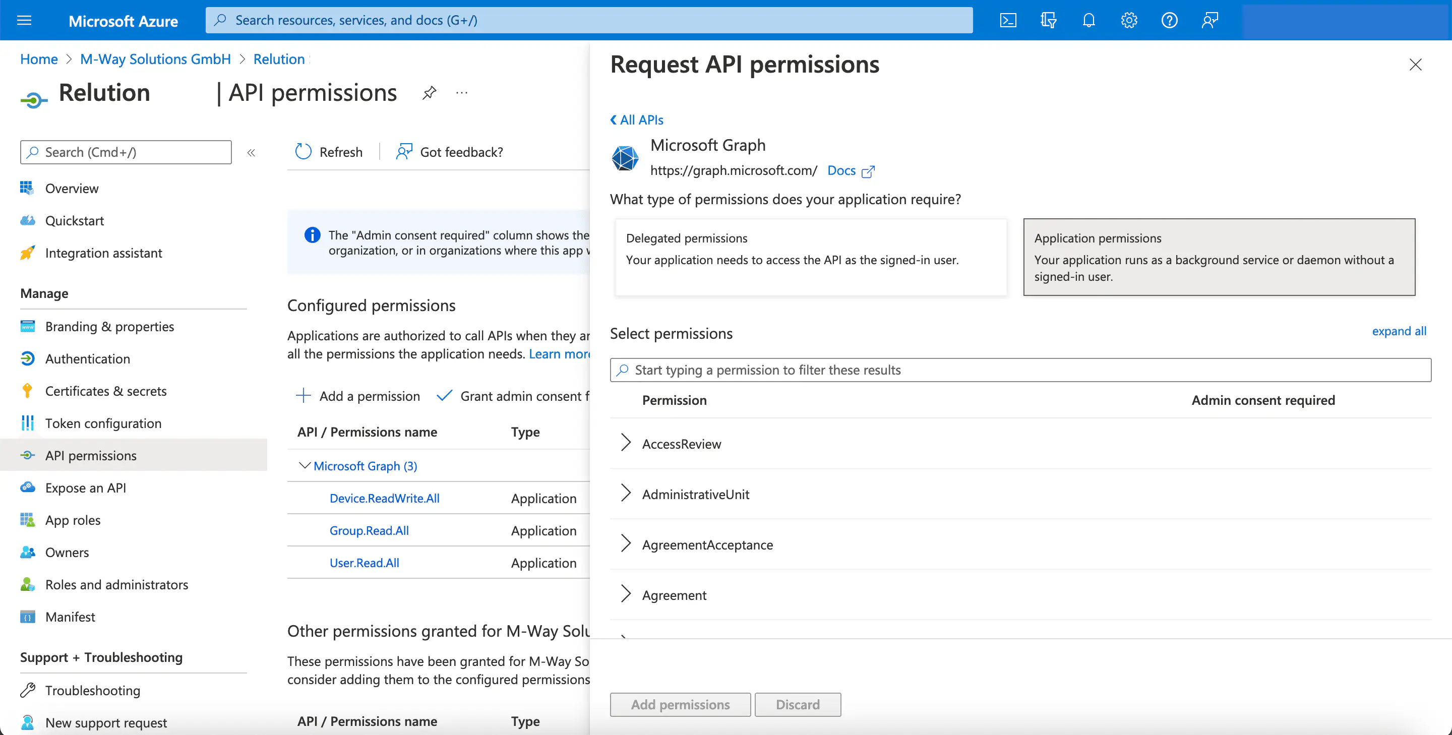 Sélection du type d’autorisation Application dans Microsoft Graph Azure Autopilot