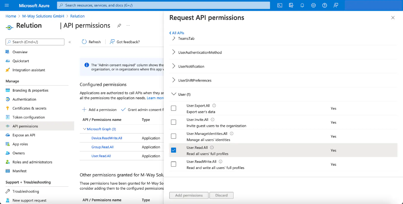Sélection de la permission User.Read.All pour les utilisateurs Azure Autopilot