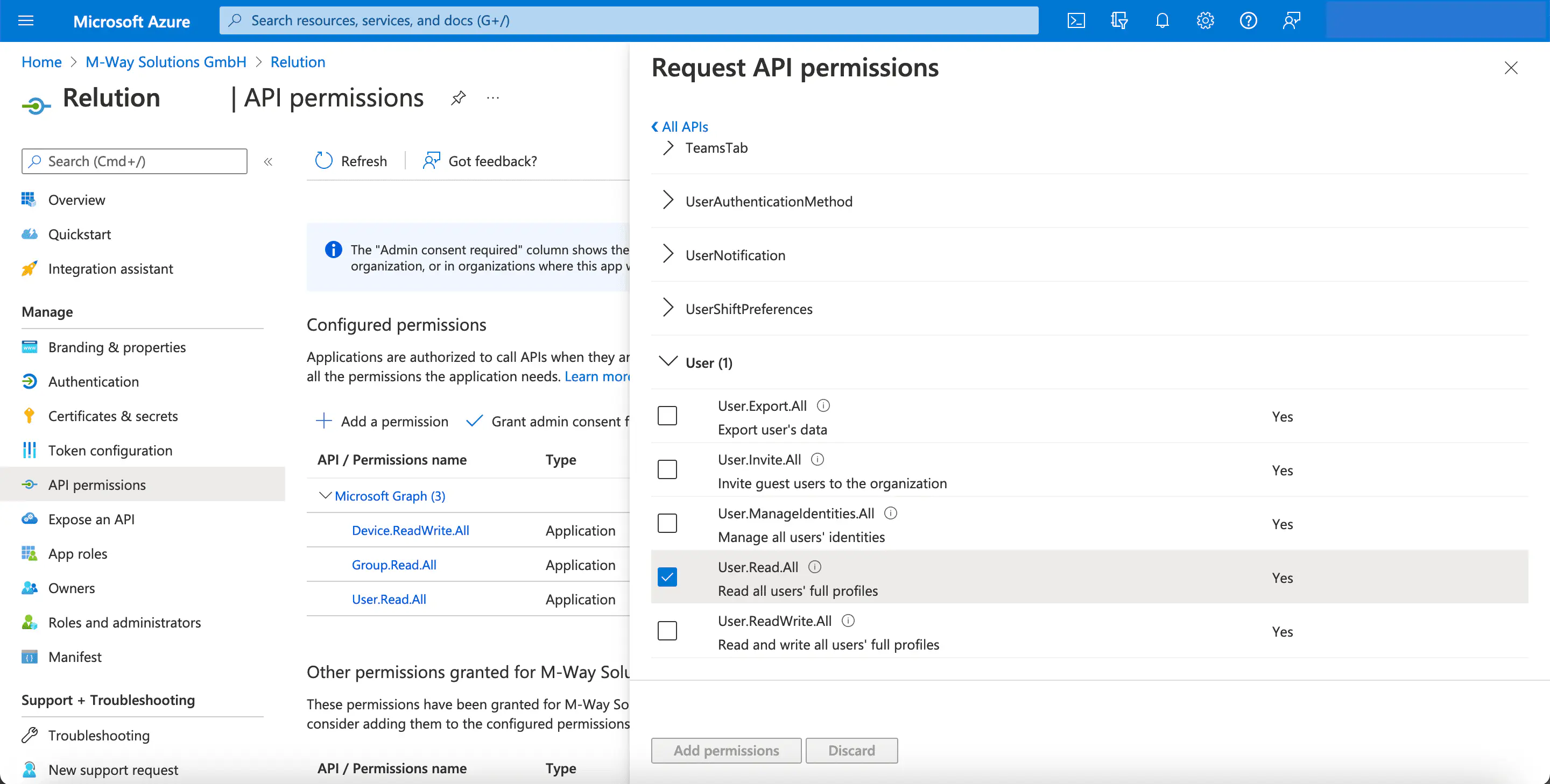 Sélection de la permission User.Read.All pour les utilisateurs Azure Autopilot