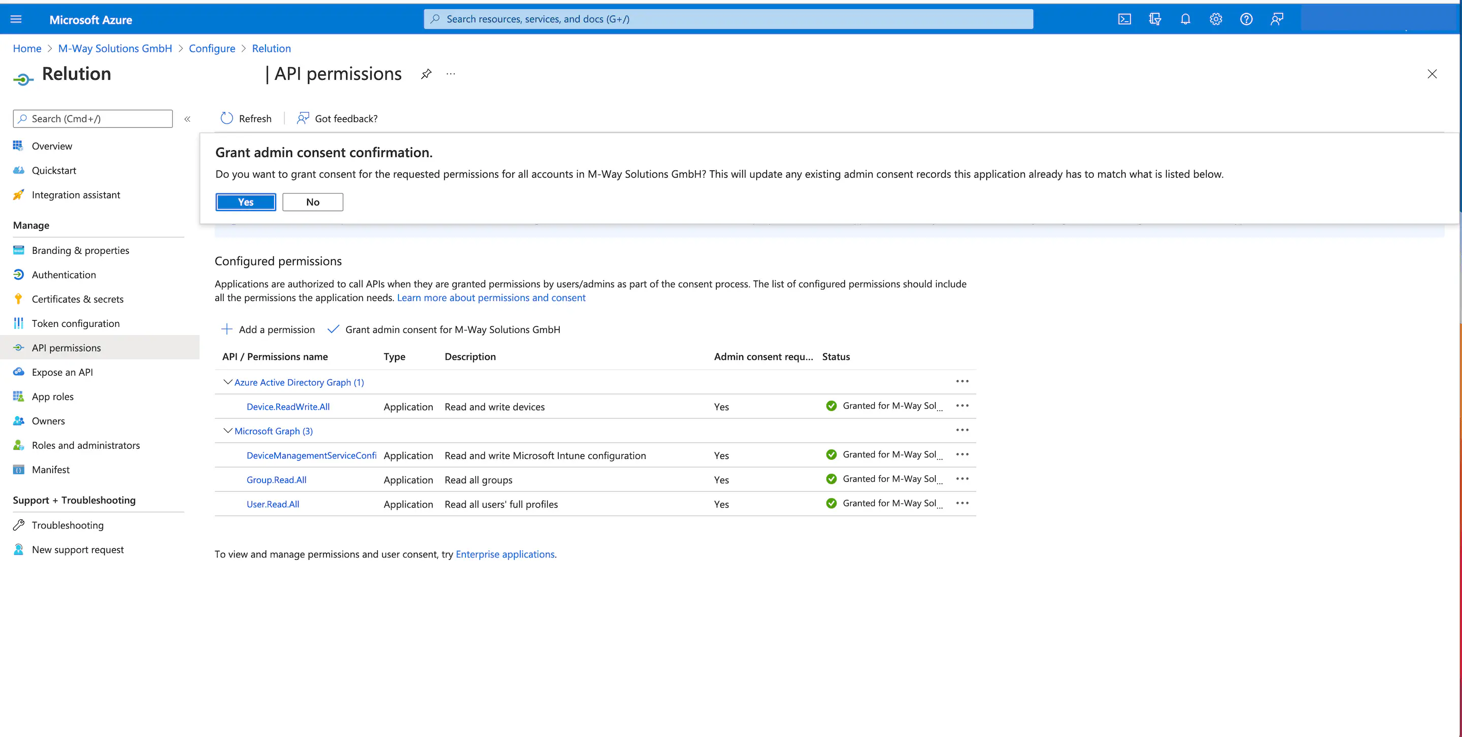 Autorisations API accordées avec statut Granted dans Azure pour OIDC Relution