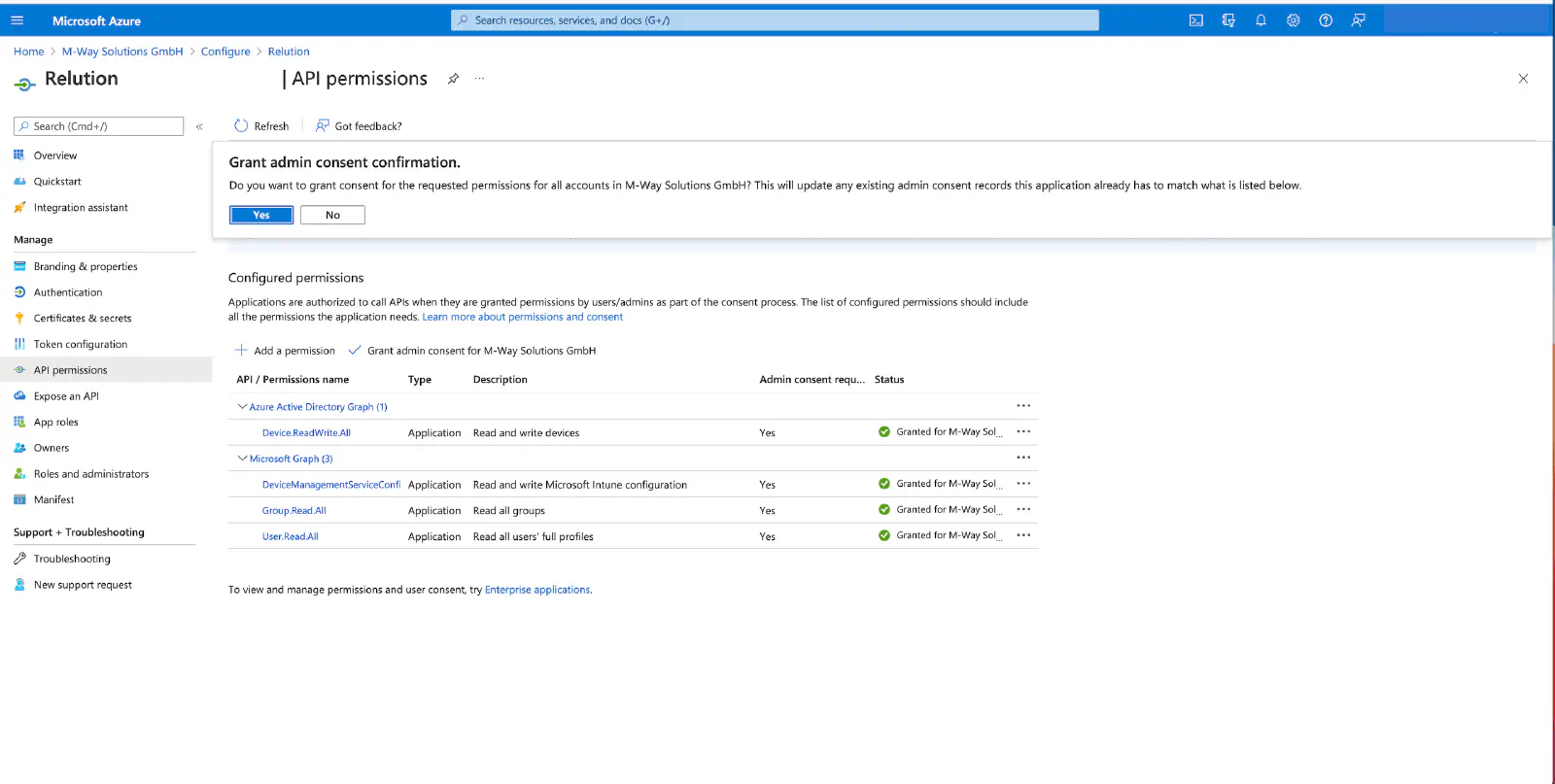 Azure API permissions showing granted status with green checkmarks for all configured permissions