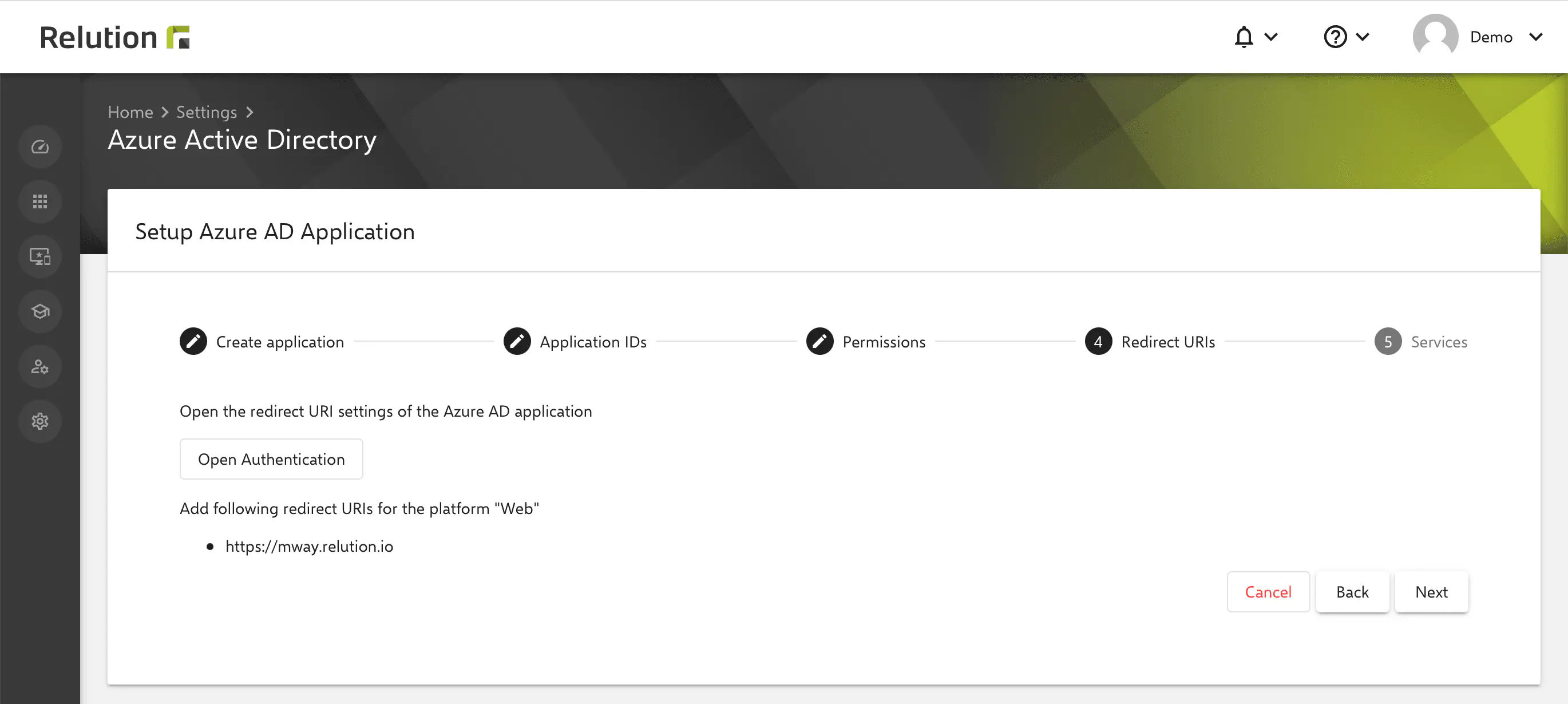 Configuration de l’URI de redirection étape 4 du guide Relution dans Azure