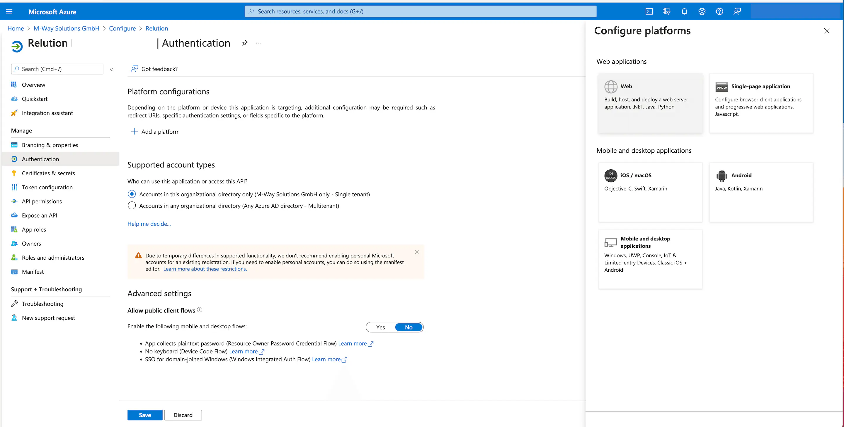 Sélection de la plateforme Web pour la configuration de l’URI de redirection Azure