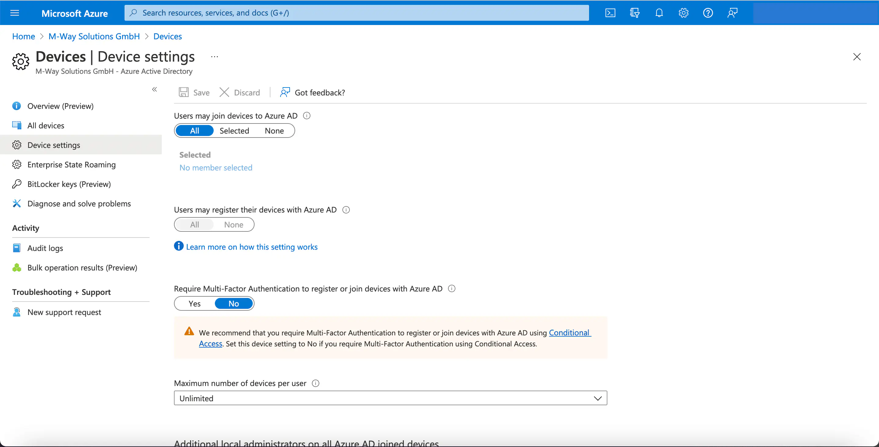 Paramètres d’appareils Azure Active Directory autorisant l’inscription Windows Autopilot